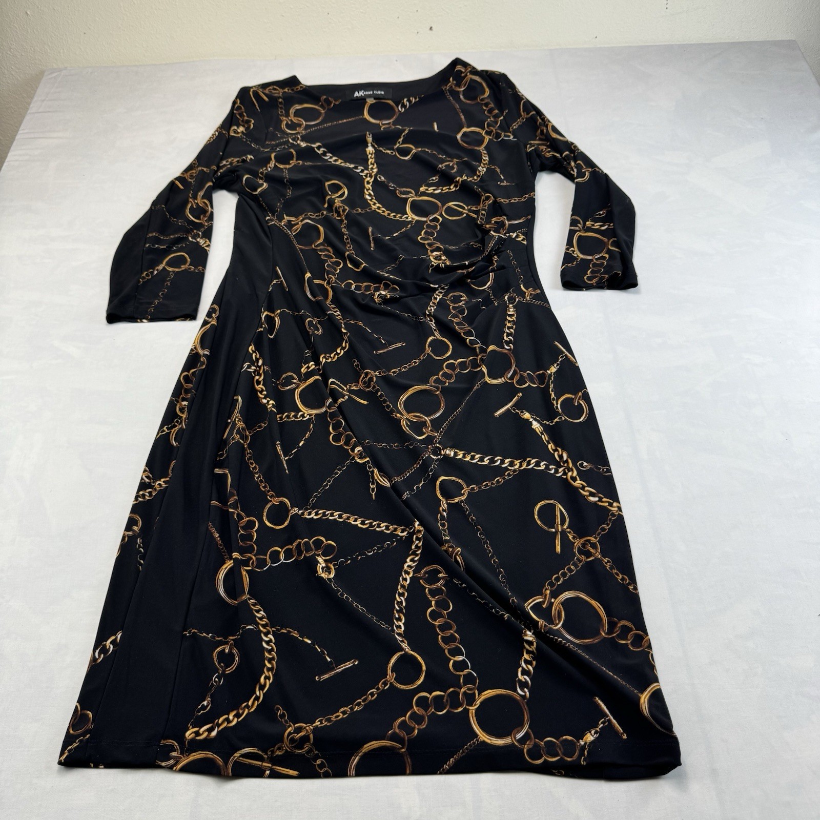 Anne Klein Chain Print Midi Dress Womens Large Black Gold 3/4 Sleeve