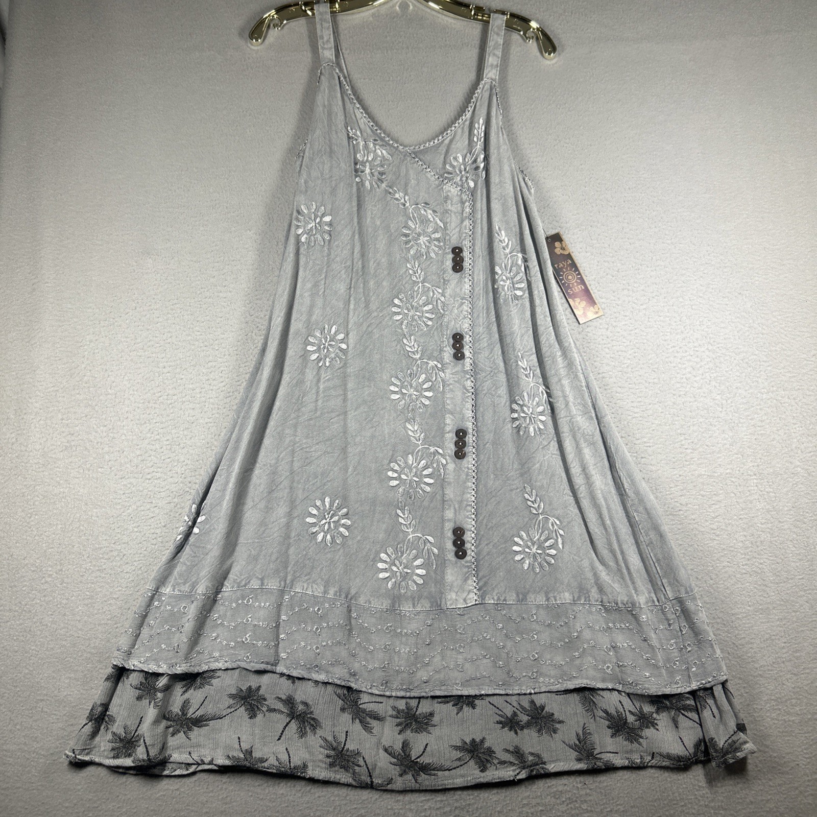 Raya Sun Women’s L Boho Cover Up Dress Gray Embroidered Sleeveless Layered