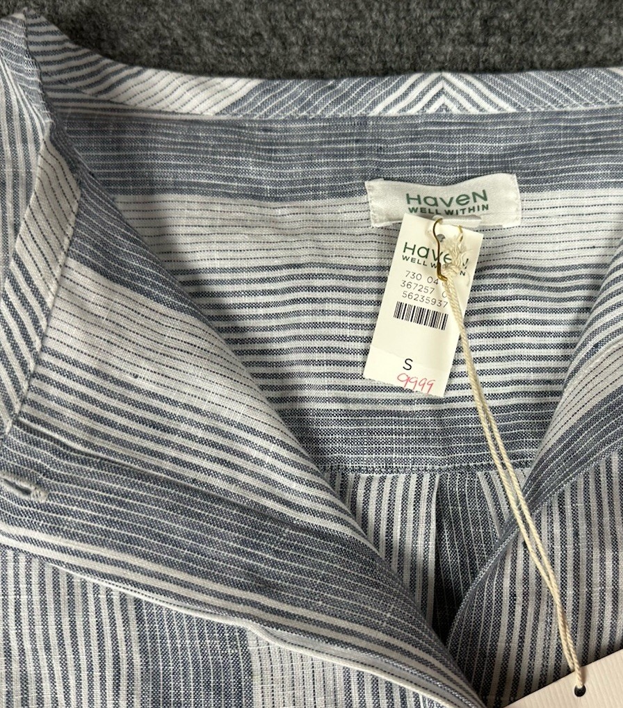 Haven Well Within 100% Linen Hidden Button Front Dress Small Striped Waist Tie