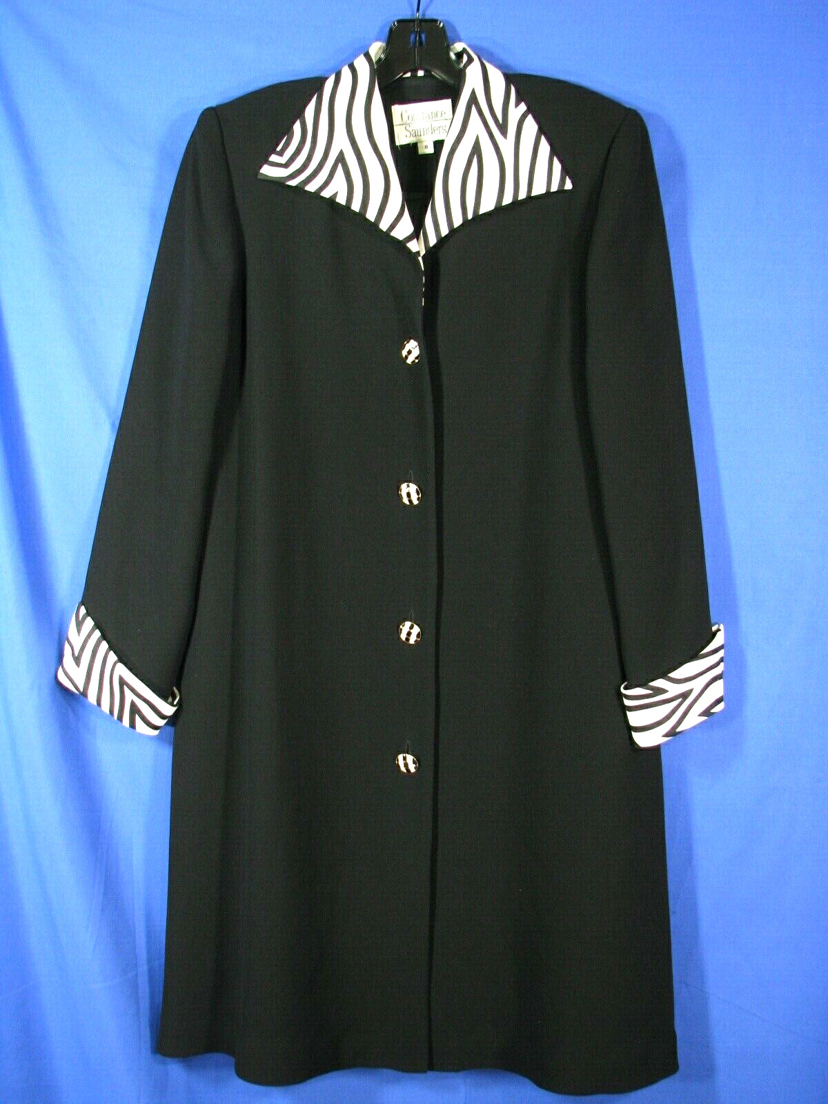 VTG Coat Suit Dress A-LINE CONSTANCE SAUNDERS Black Crepe ZEBRA SILK TRIM sz 8