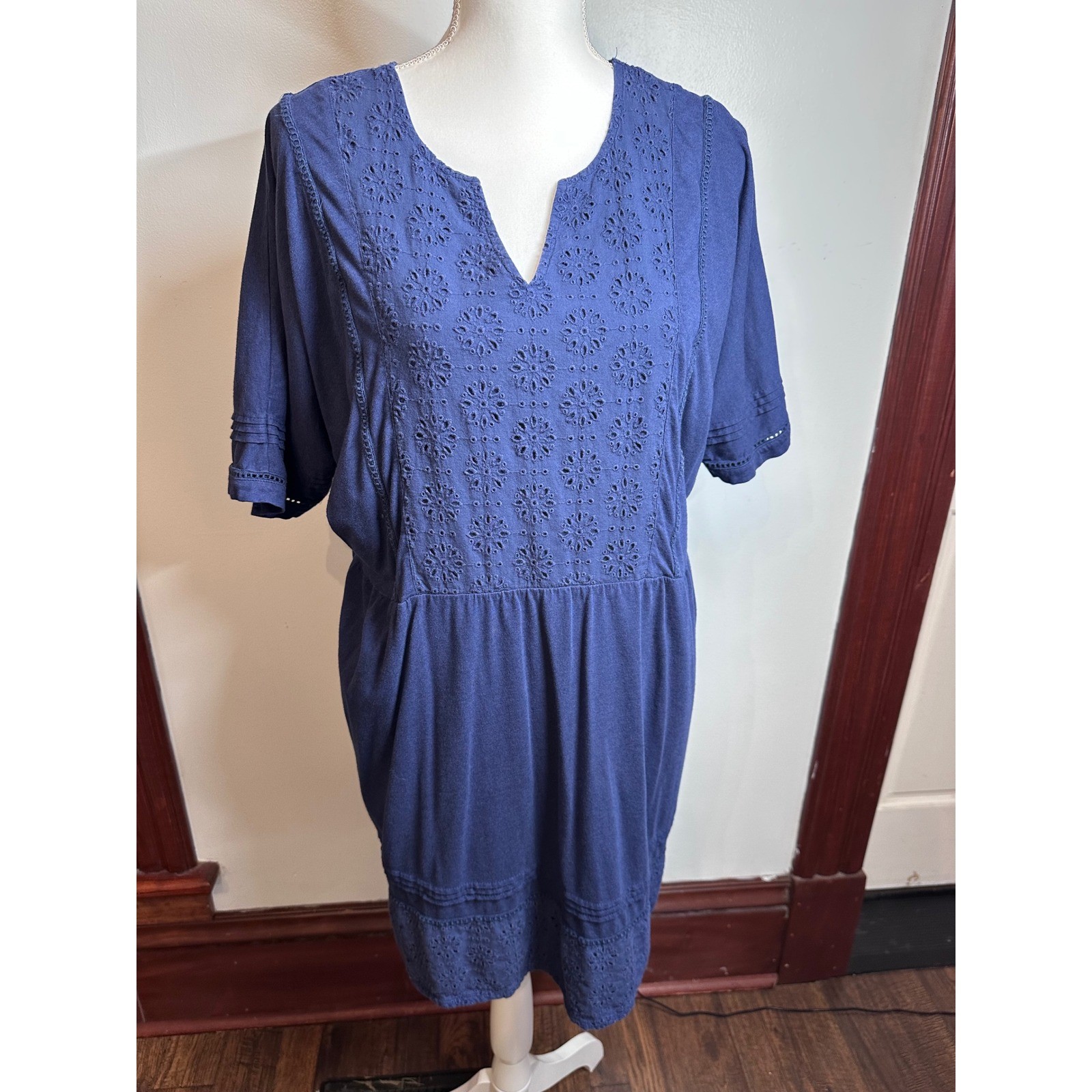 Sweet Magnolia Navy Blue Eyelet Embroidered Short Sleeve Shift Dress Womens XL