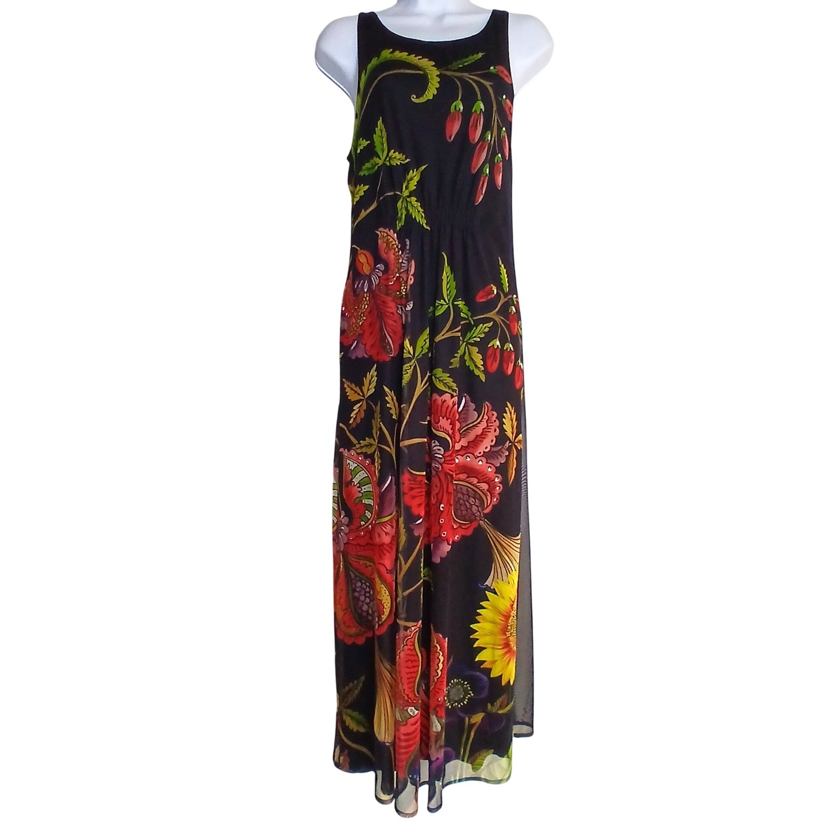 Desigual Floral Mesh Maxi Dress M Black Sleeveless Boho 21SWVK84 Eclectic Artsy