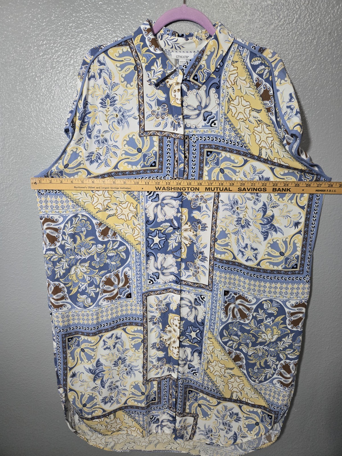 Chicos Floral Patchwork Knee Length Shirt Dress Blue White &Yellow Boho Chic