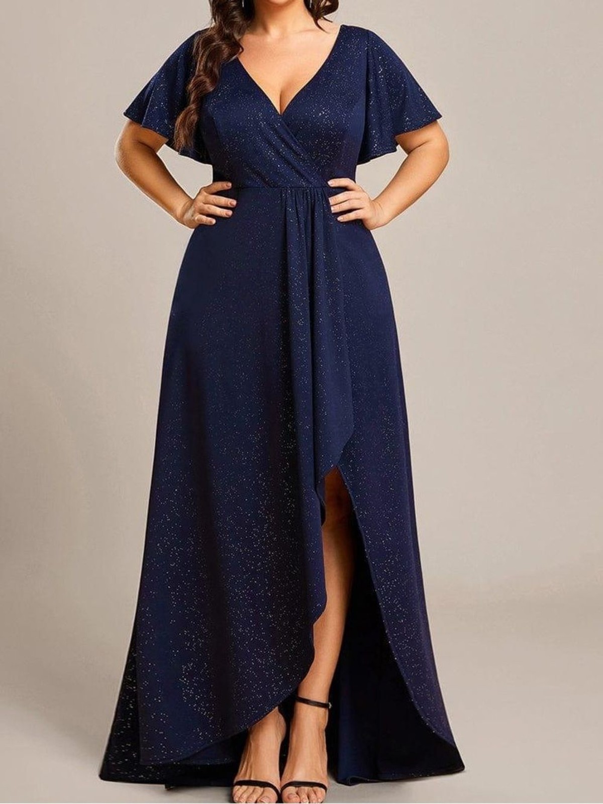 Pretty Melode Plus Size Glitter Ruffled High-Low Front Slit Evening Gown Dress