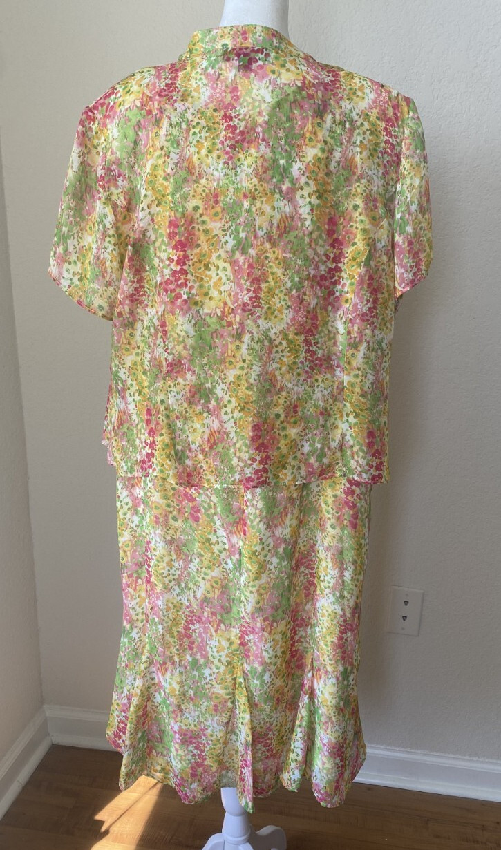 DN Design 2pc Dress & Jacket 16W Floral Yellow, Green, Pink & White
