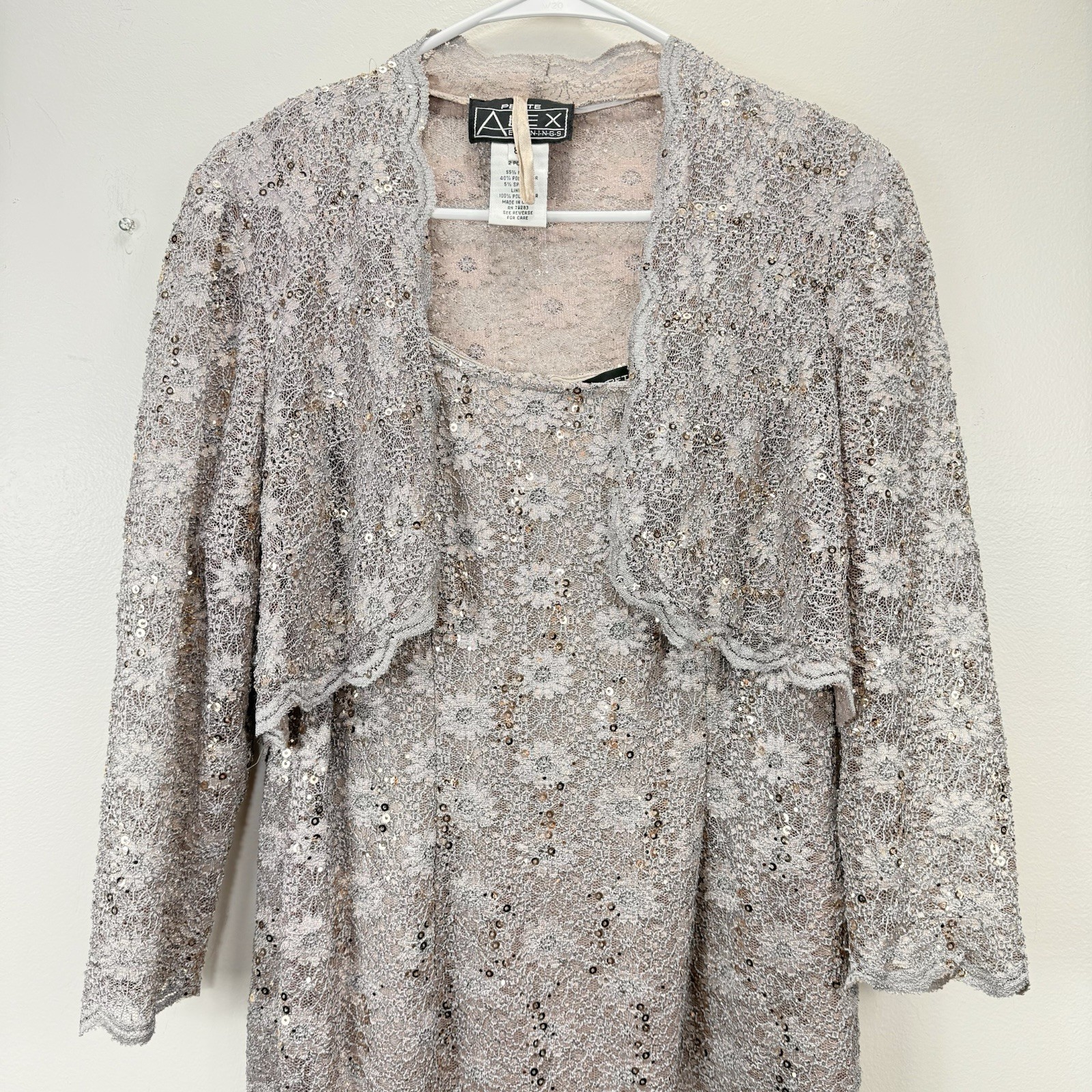 Alex Evenings Champagne Lace Sequin Two Piece Jacket Sleeveless Dress Size 8P