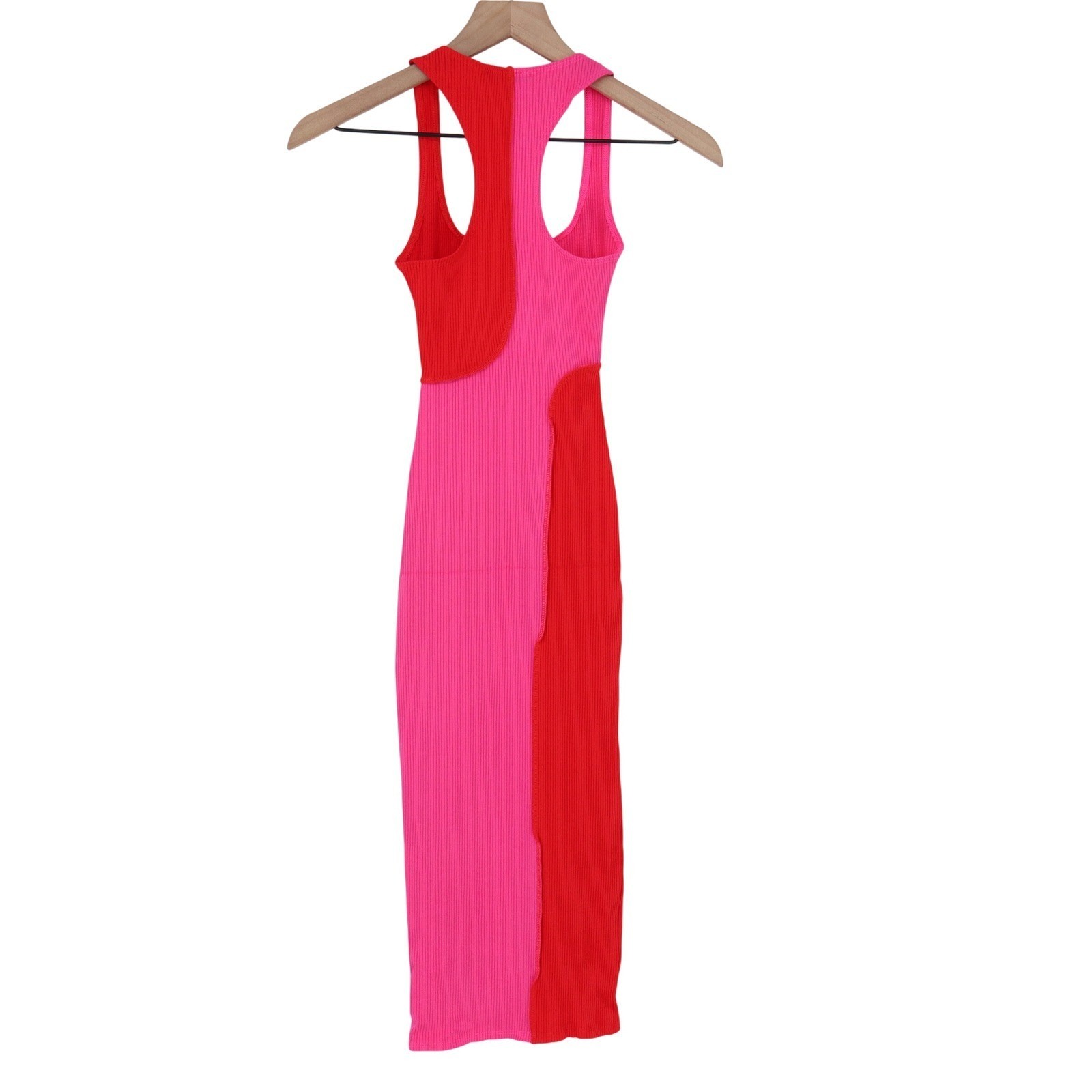 Naked Wardrobe Pink Red Colorblock Ribbed Midi Bodycon Dress Womens L