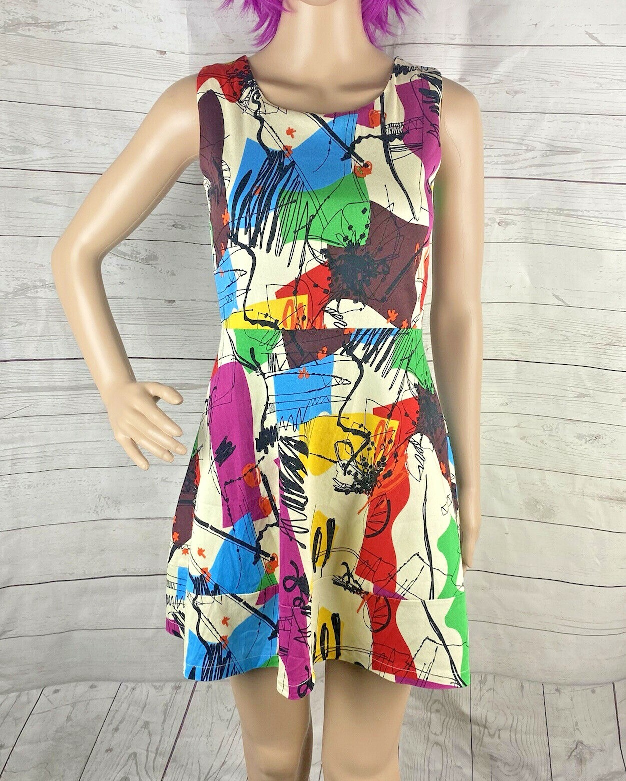Colorful Unique Modern Art Print Fit and Flare Dress XS Sleeveless Fully Lined