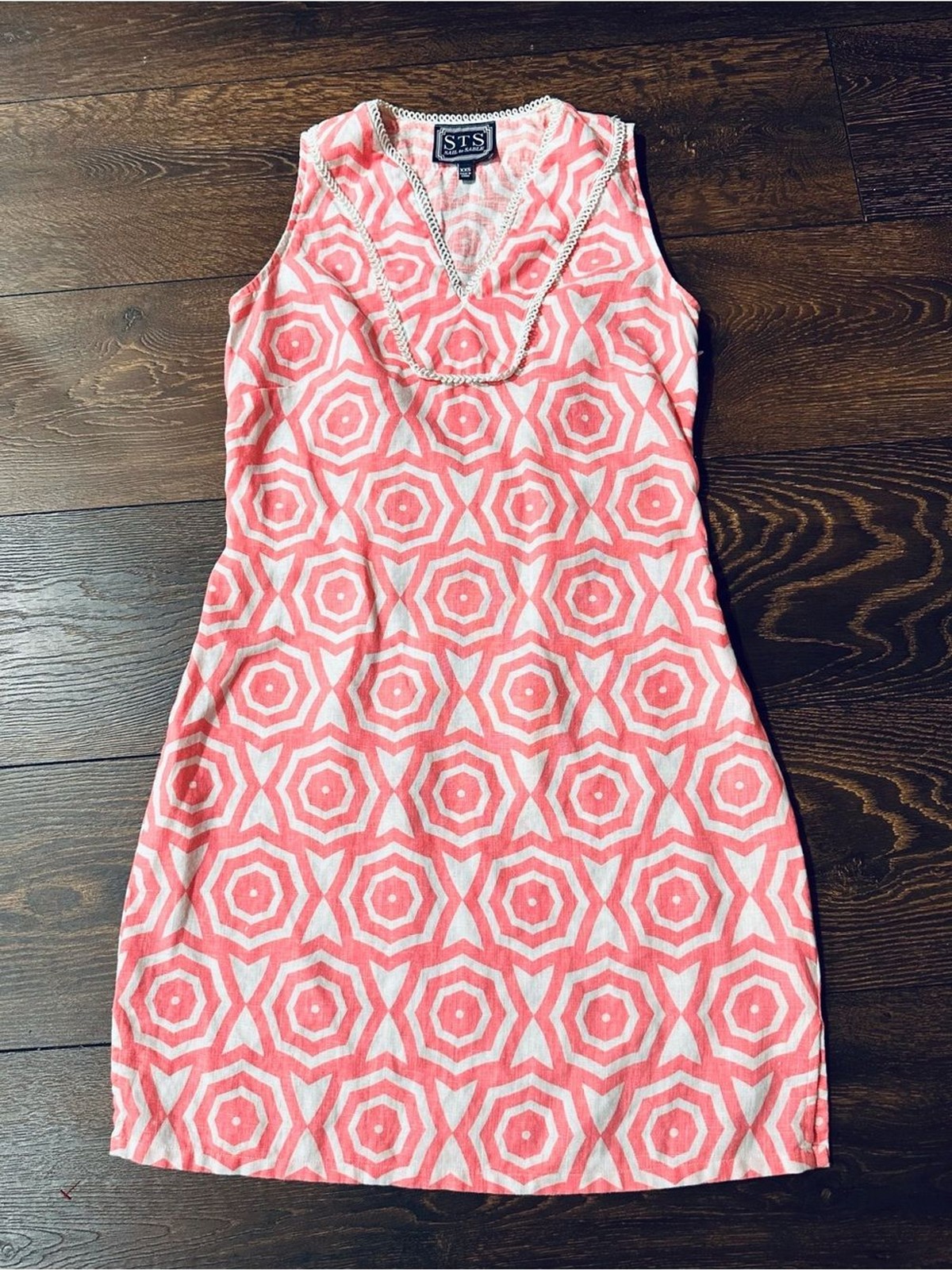 Sail to Sable 100 % Linen Coral and White Geometric V-Neck Sleeveless Mini Dress