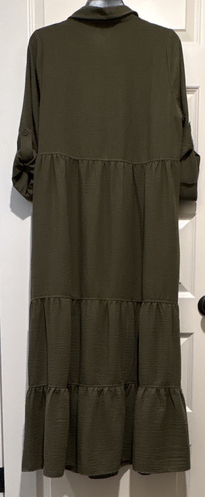 Max Studio Olive Collared Button-Front Tiered Midi Shirt Dress Long Sleeve M