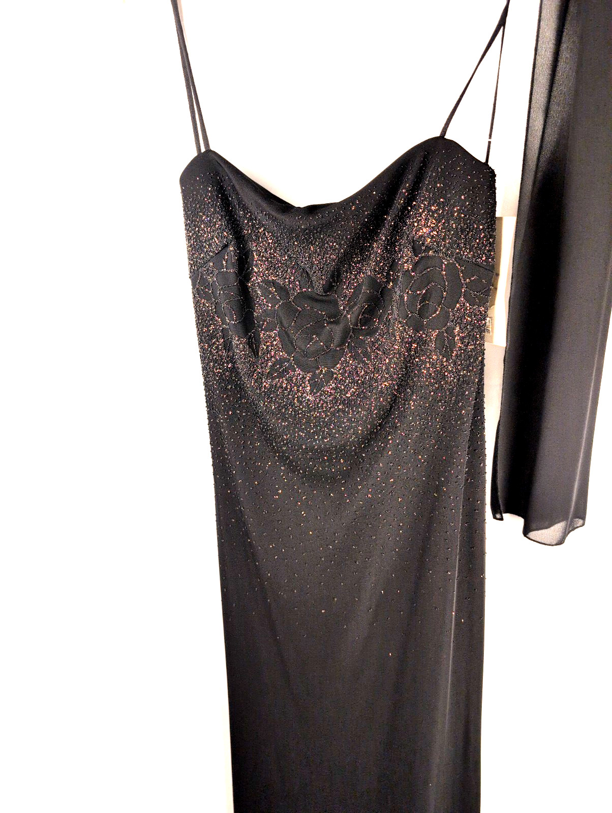 Lovely Black Dress With Floral Pattern and Copper Coloured Sequin Size Large