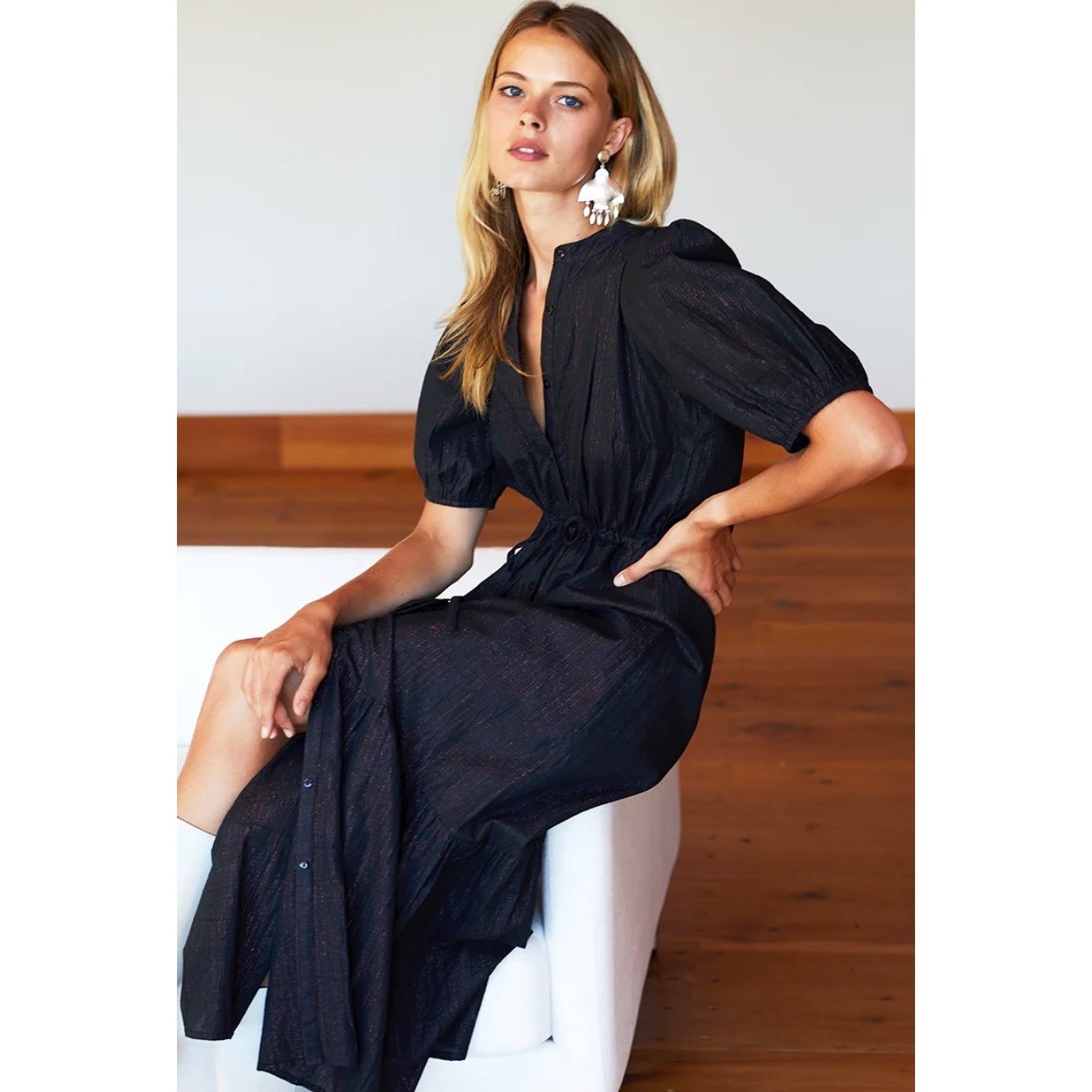 Emerson Fry Lucy Maxi Dress Womens Small Rainbow Black Lurex Cotton Puff Sleeve