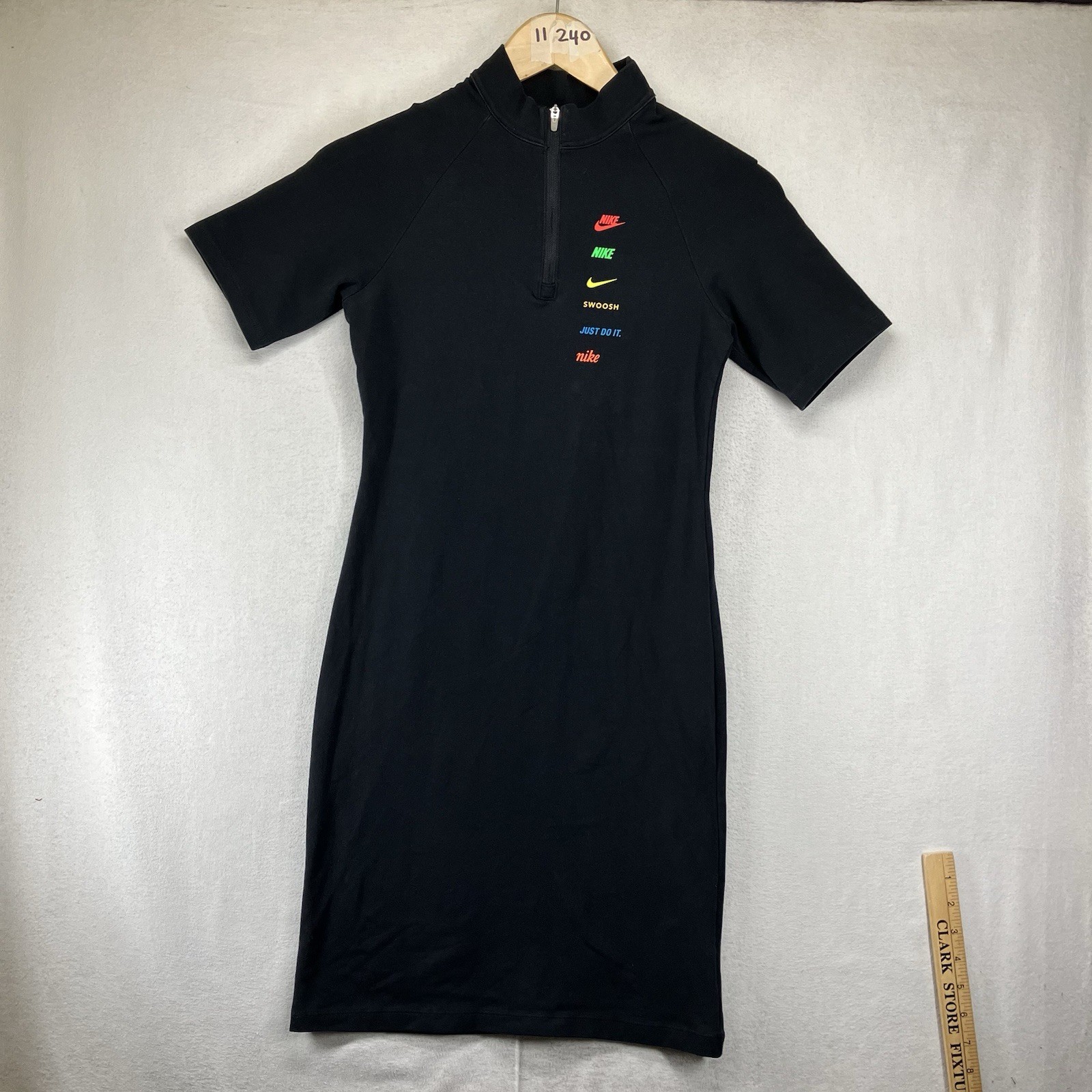 Nike Sportswear Essential Women’s Fitted Black Midi Dress Sz Sm Back Swoosh Neon