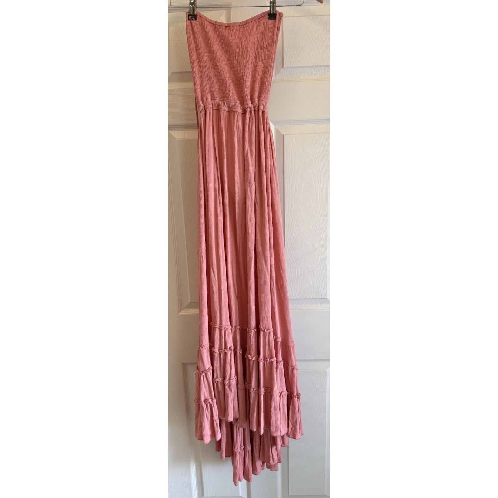 R.Vivimos Maxi Dress Womens S 4/6 Pink Strapless Smocked Open Back Tiered Gauze
