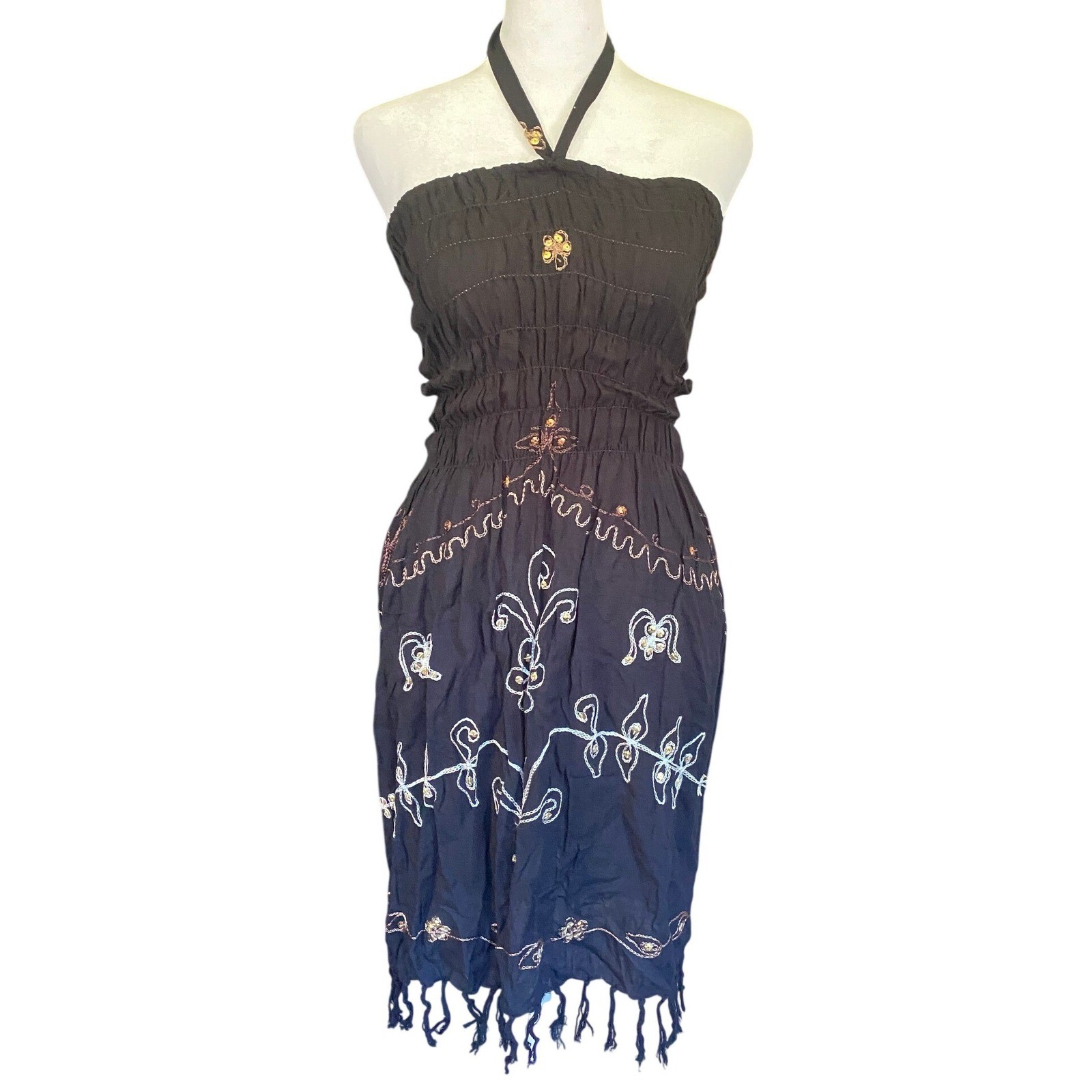Embroidered Sequin Halter Smocked Black Midi Dress OS Boho Hippie Festival Beach