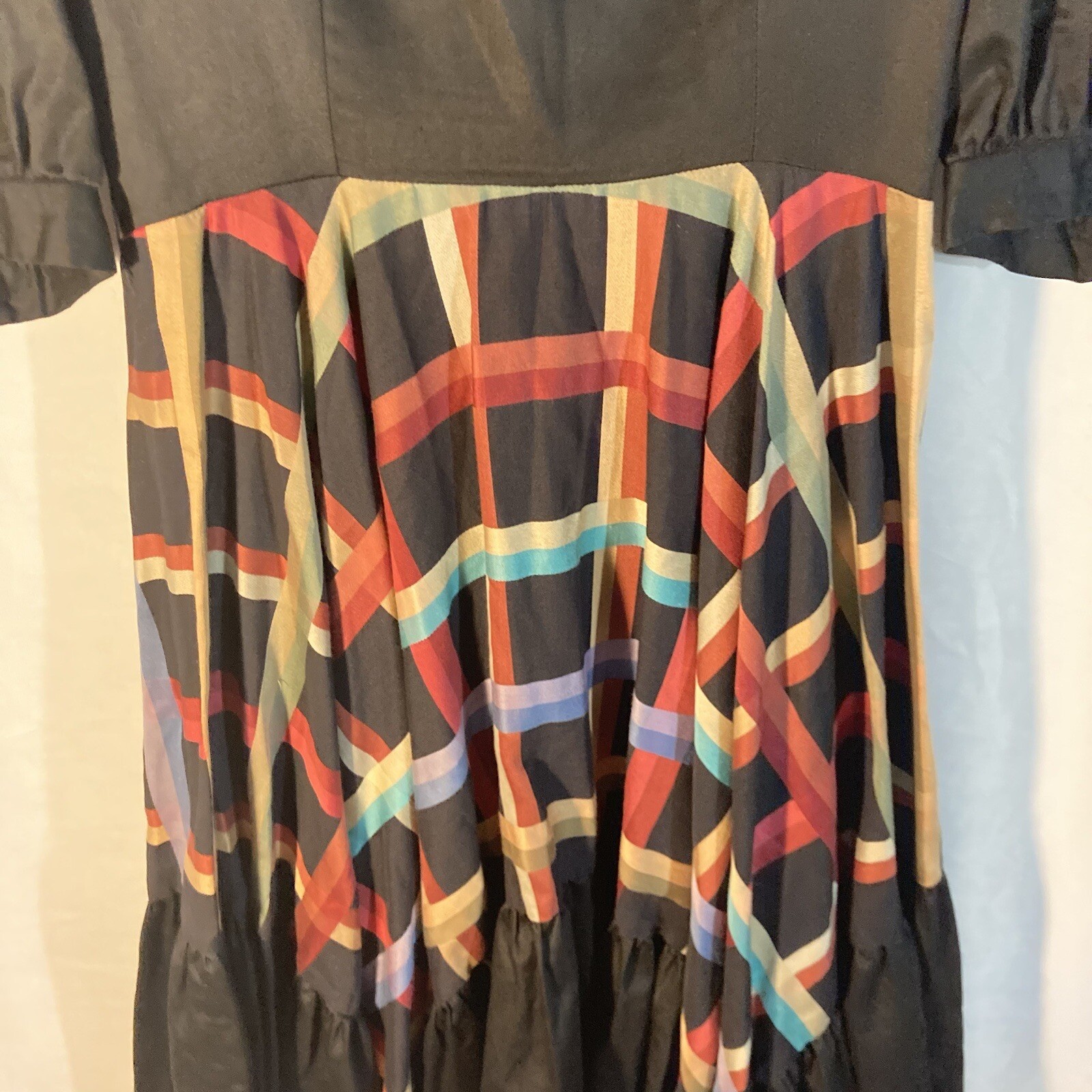 Vintage FINE FEATHERS black multicolor plaid scoop neck circle dress 10