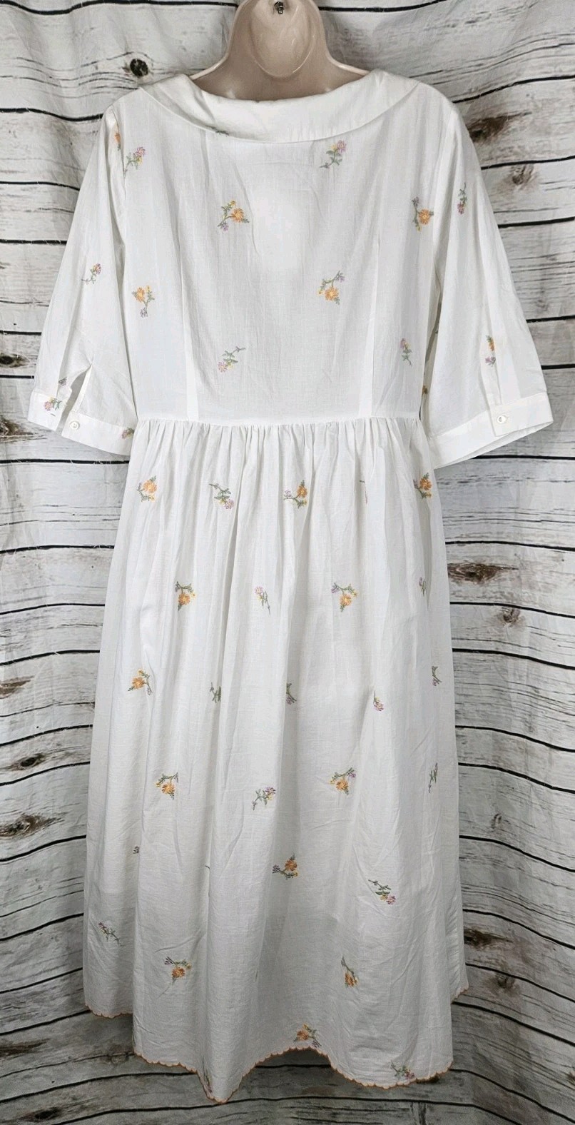 Simple Retro White Floral Embroidered Midi Shirt Dress L Prairie NEW 100% Cotton