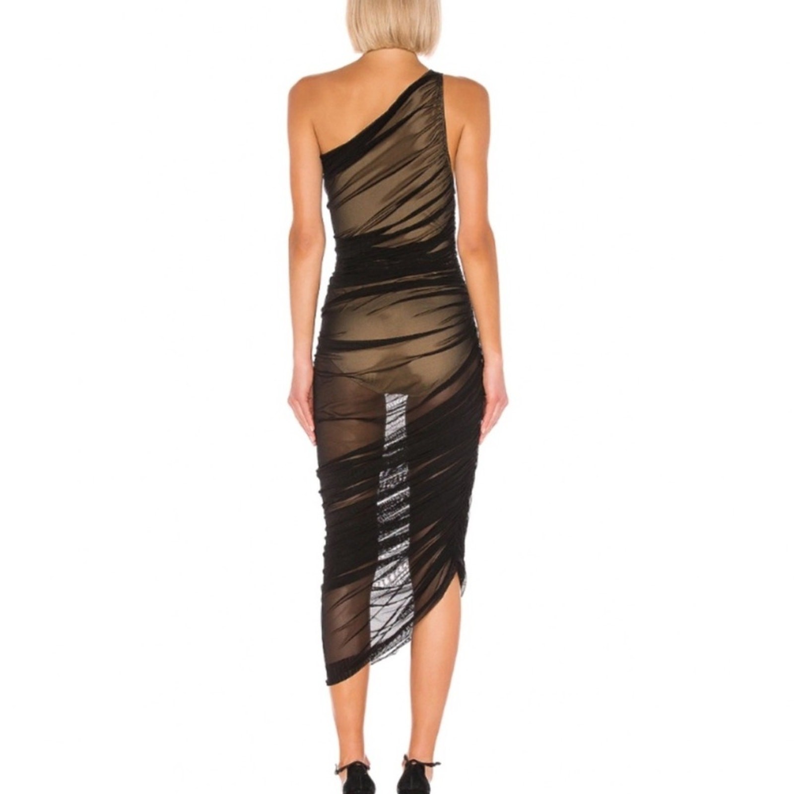 Norma Kamali Diana Black Mesh Bodysuit One Shoulder Asymmetrical Dress Size XS