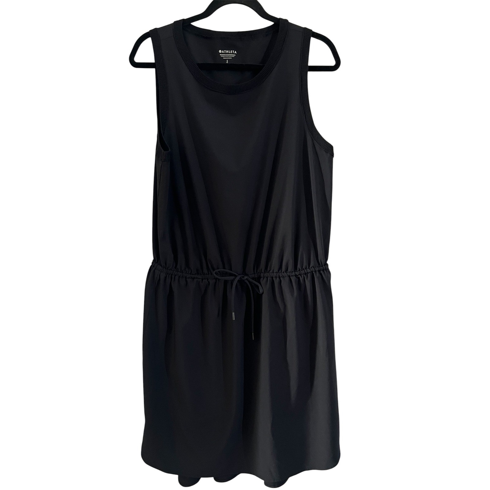 Athleta Black Drawstring Waist Sleeveless Ribbed Neck Active Mini Dress Womens L