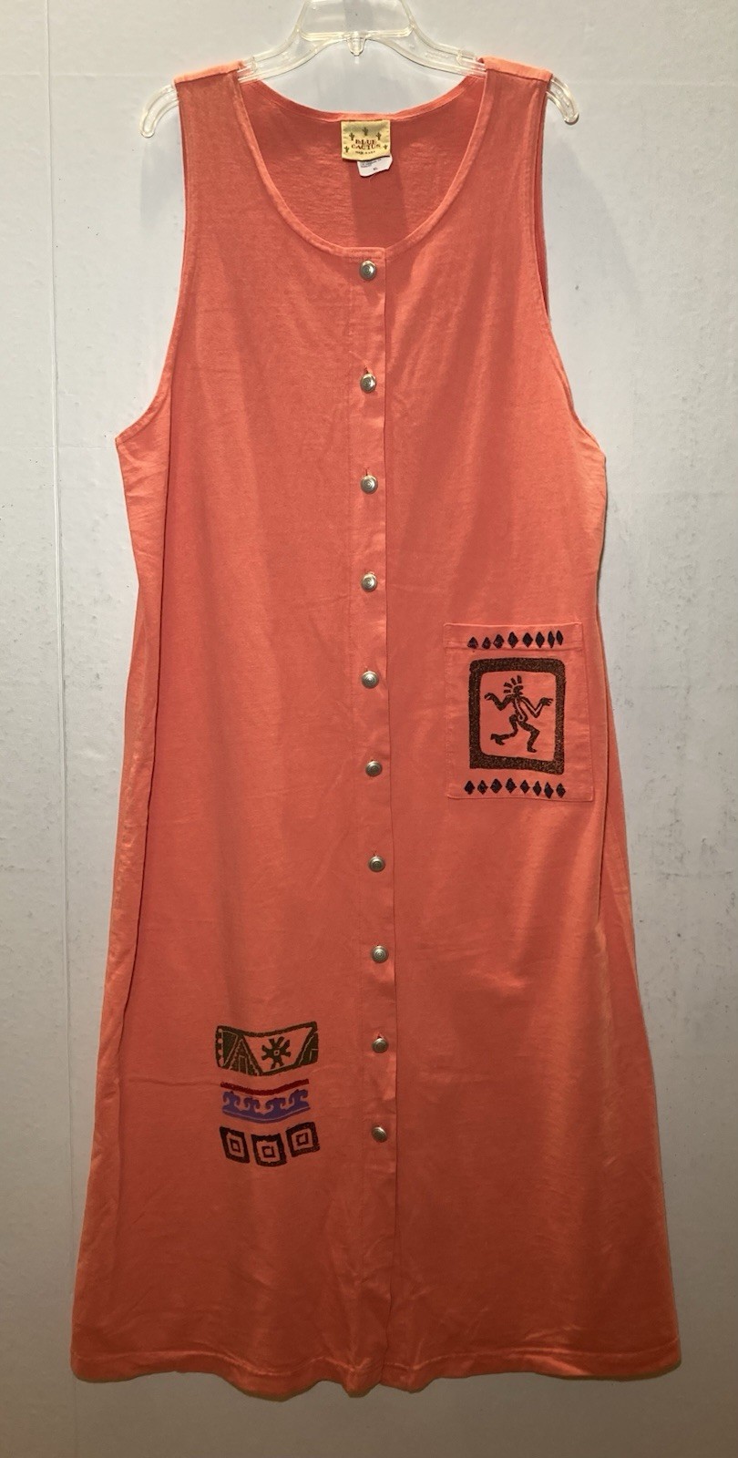 Vintage Blue Cactus Painted Art To Wear Maxi Dress Size XL Coral Sleeveless