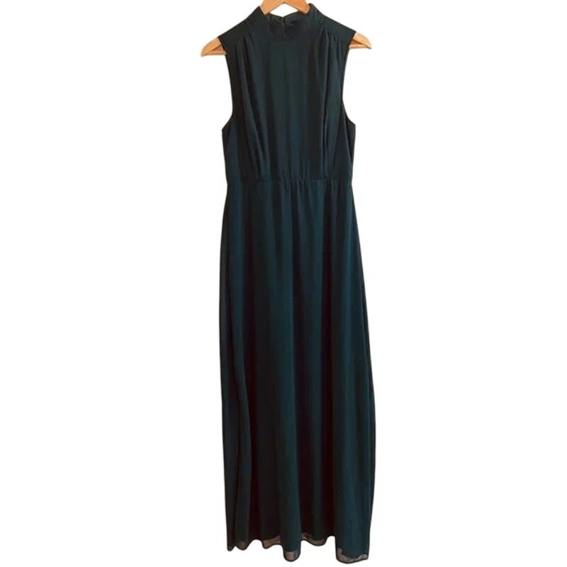 NWT Lulus Chiffon Sleeveless Highneck Key Hole Back Side Slit Maxi Dress M Green