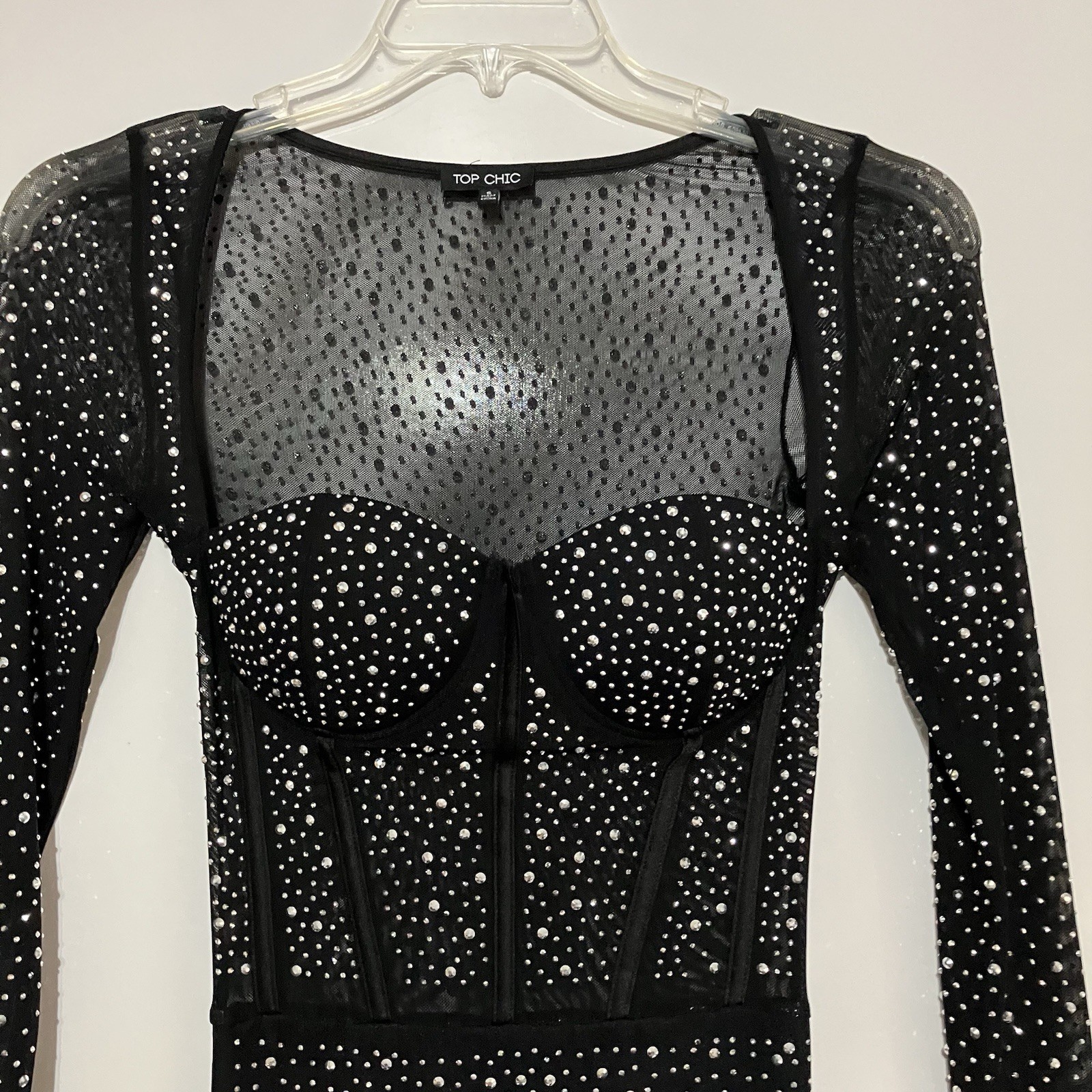 Top Chic Rhinestone Studded Corset Bodycon Dress Womens S Black Sliver Mesh Glam