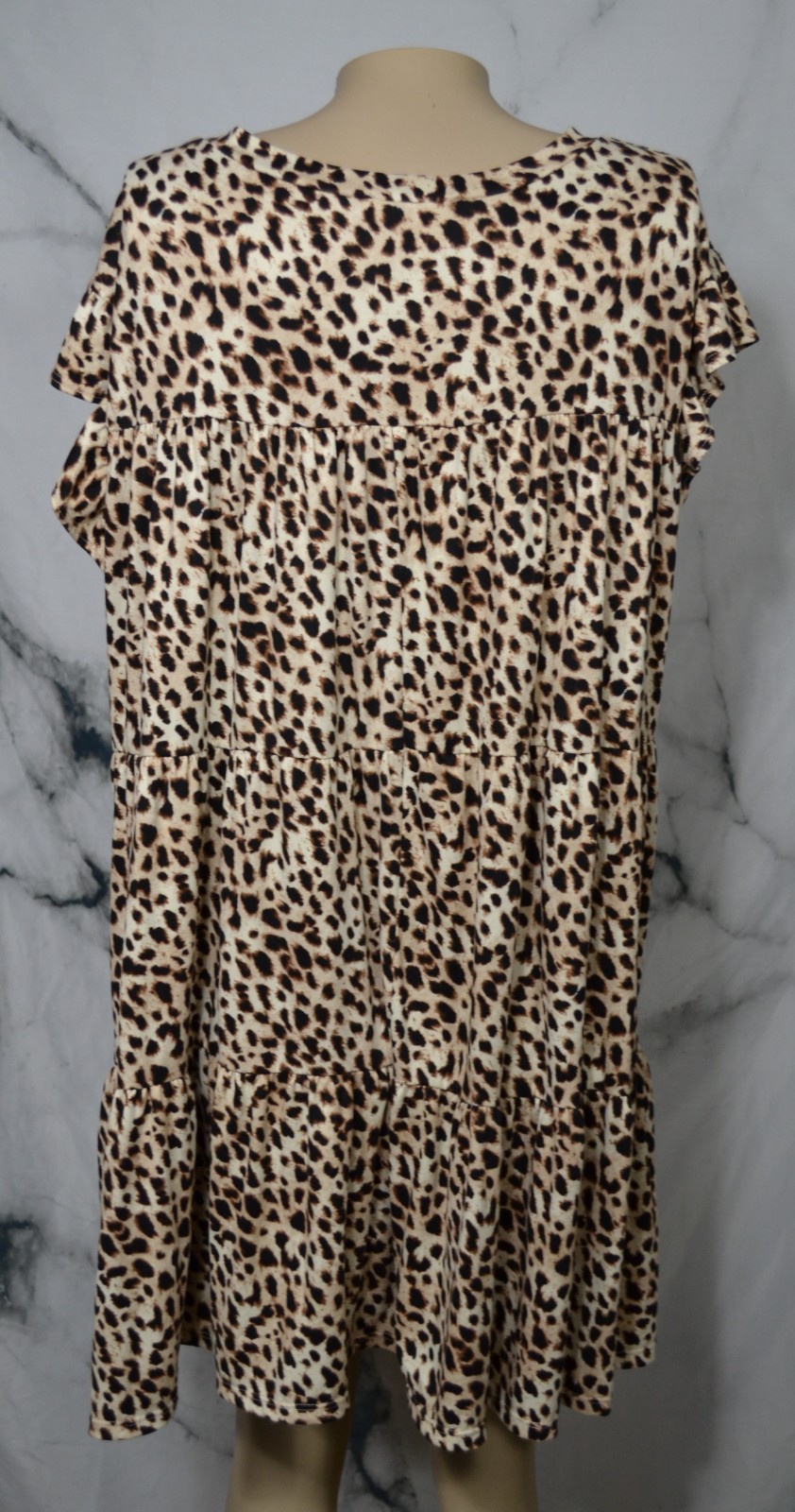 ENTRO Tan Brown Black Leopard Print Mock Neck Ruffle Sleeve Tiered Dress Large