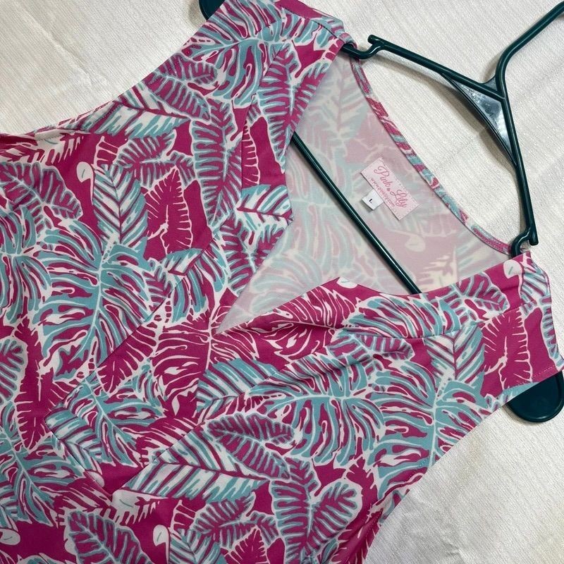 Pink Lily Women’s Tropical Leaf Sleeveless Shift Dress Pink Large Stretch