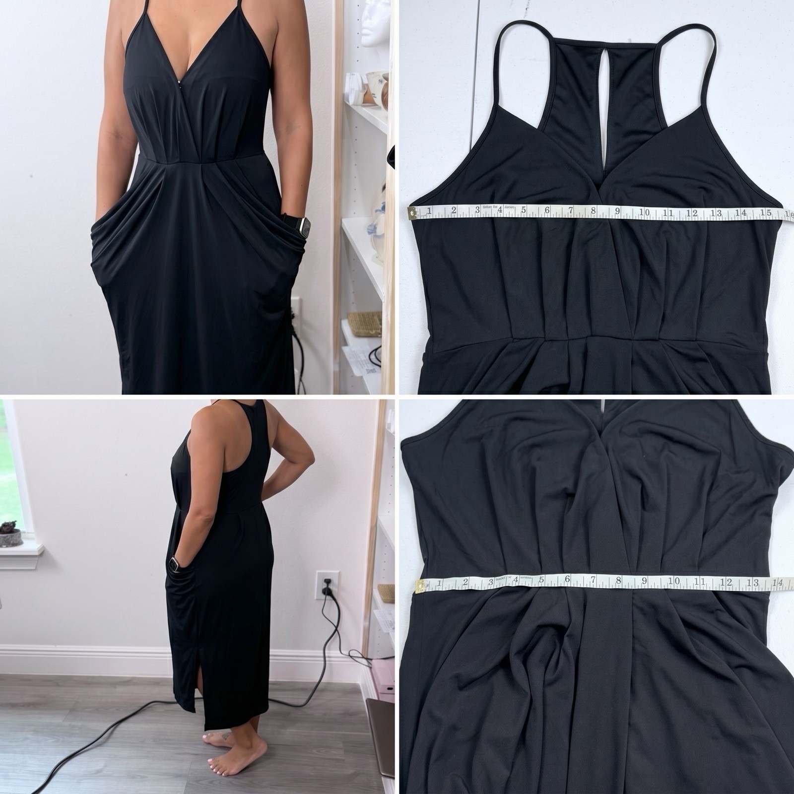 BCBGeneration Black Midi Dress Medium Racerback Draped Pockets Side Slit