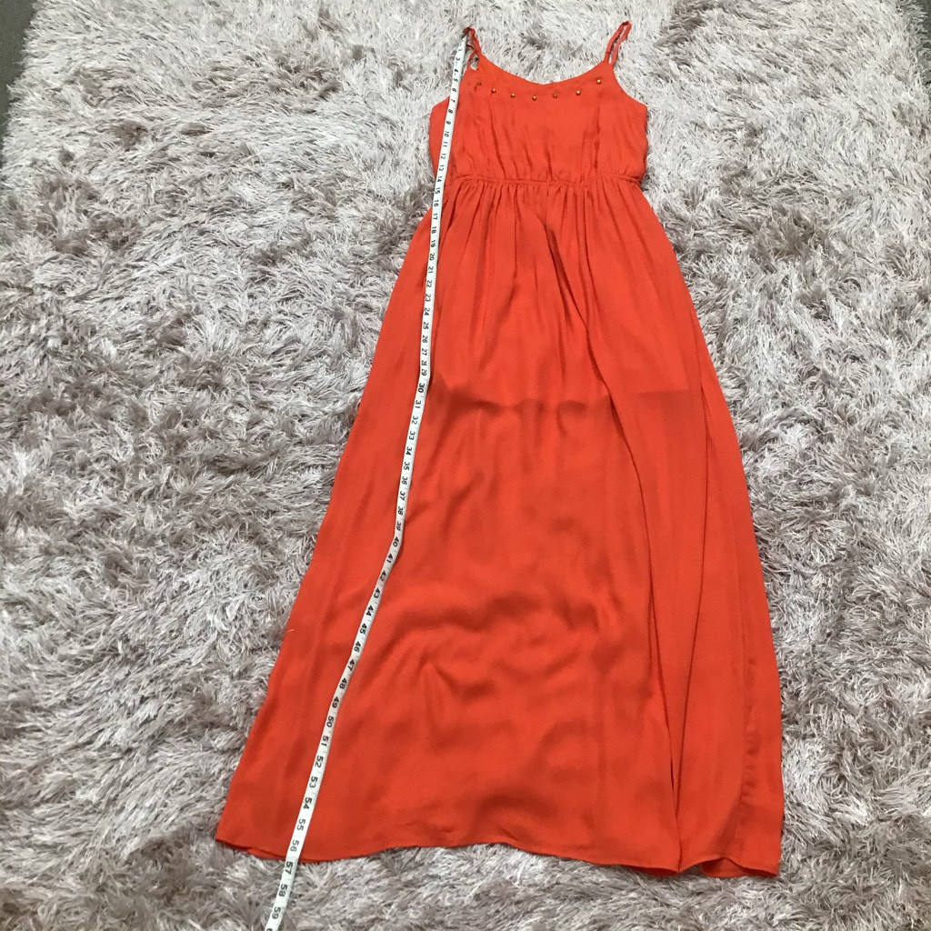 Nine Bird Womens A Line Dress Orange Maxi Embellished Neckline Spaghetti Strap M