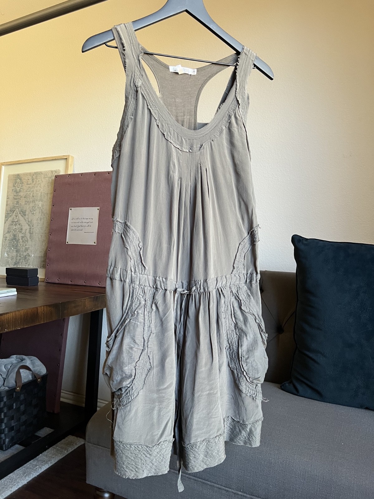 Monoreno Sleeves Army Green Silk Drawstring Boho Dress Size M