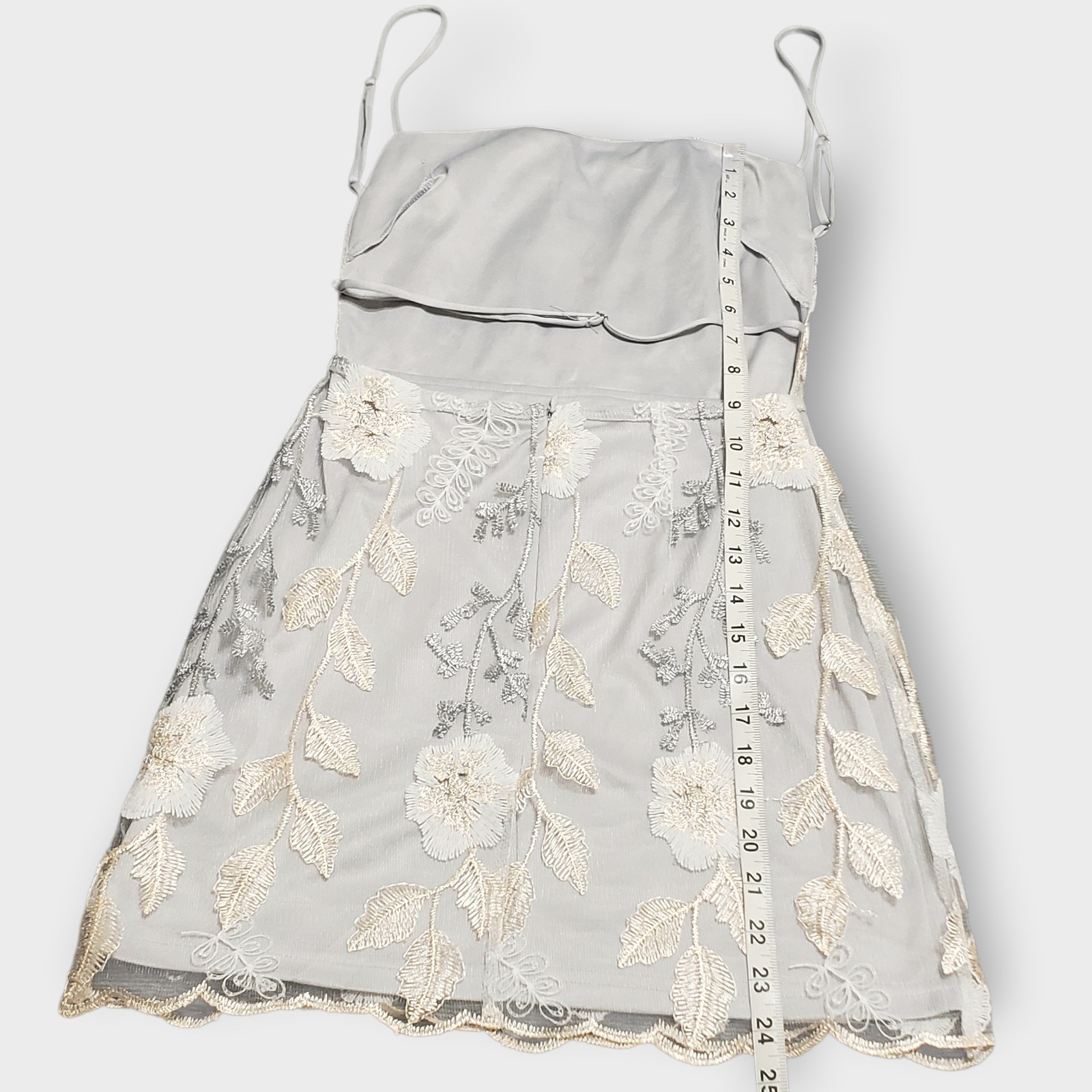Lucy in the Sky Floral Embroidered Mesh Mini Dress Silver Grey Strappy Back S