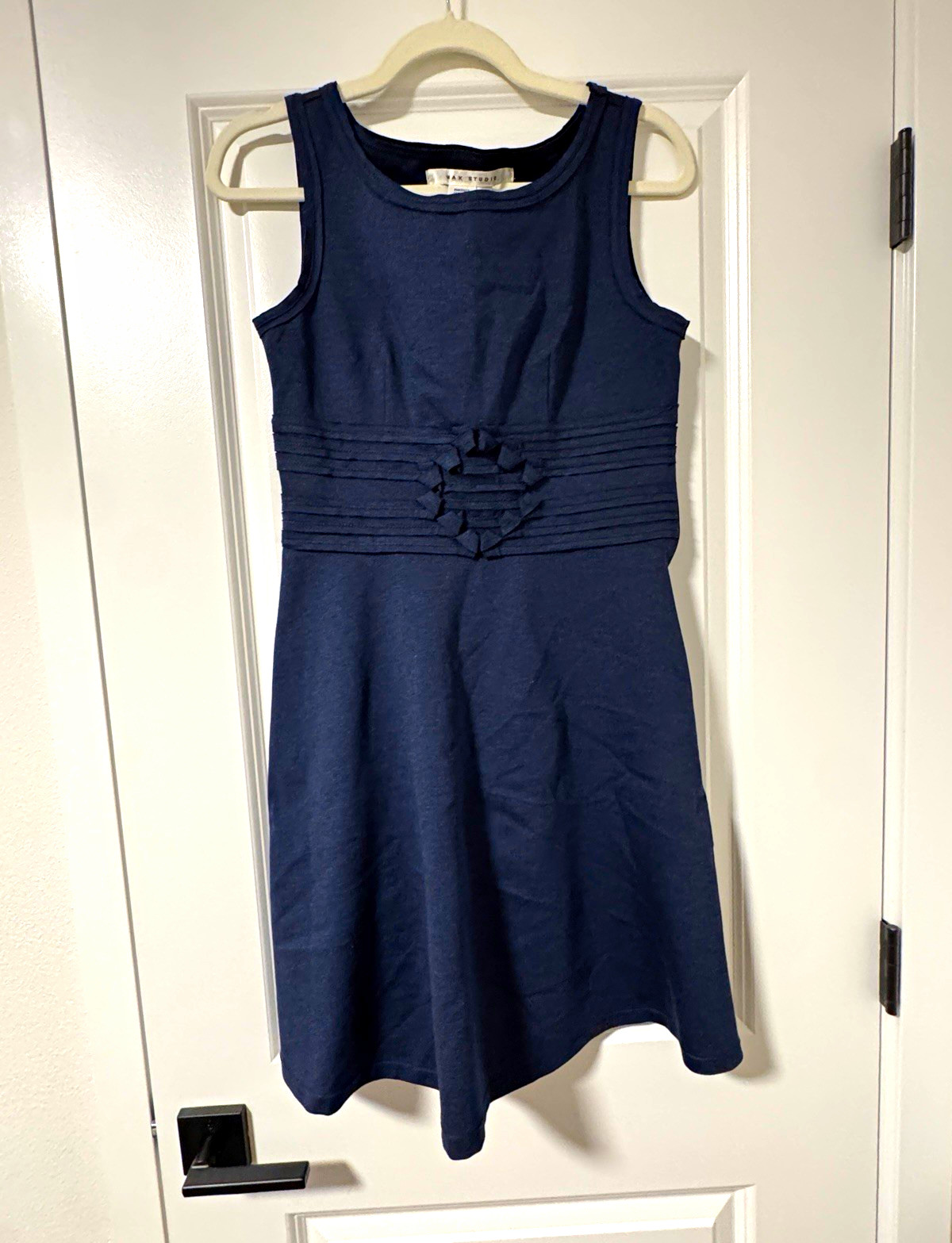 Max Studio Navy Blue Sleeveless Ruched Waist Knit Dress Size S Rayon Blend