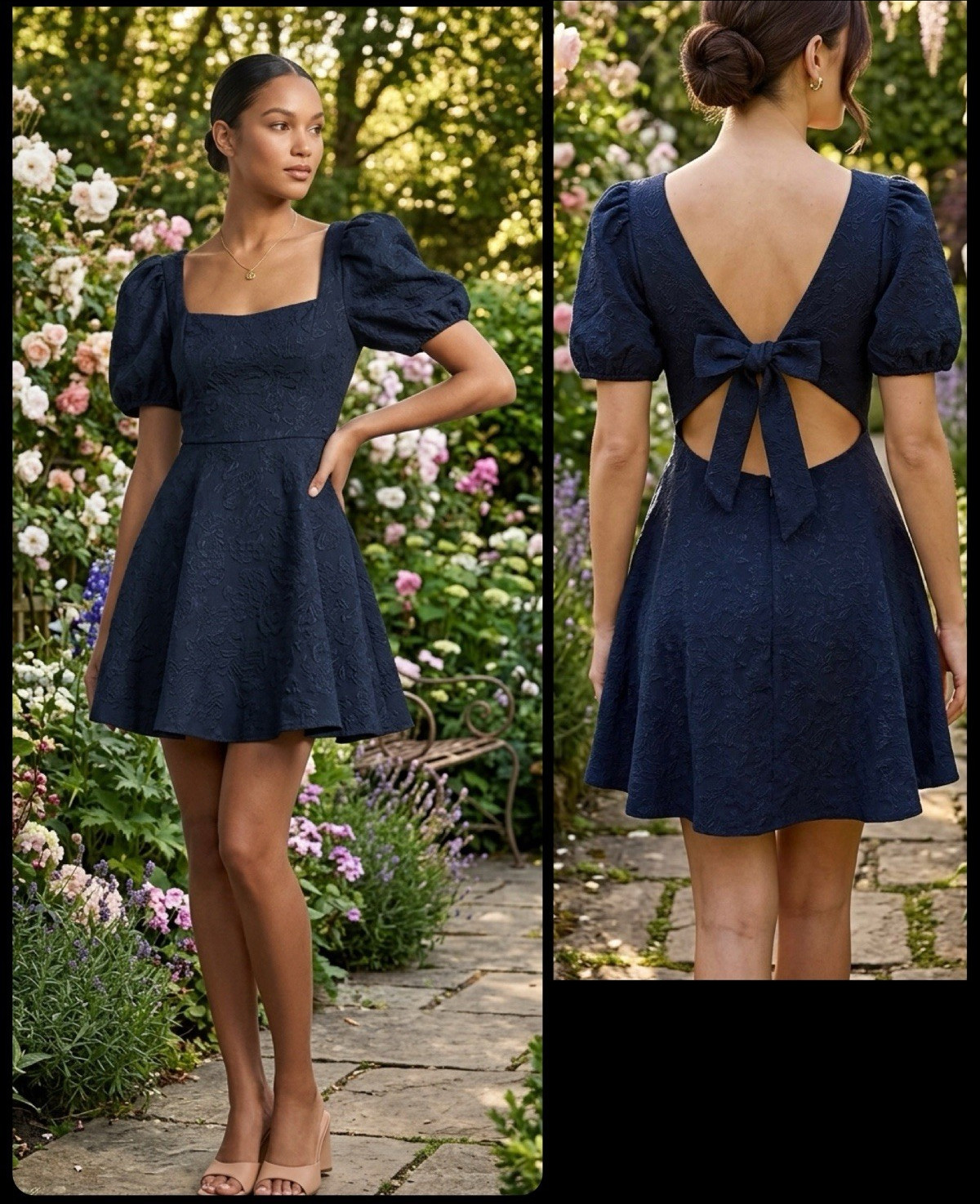 francesca’s Navy Floral Jacquard Fit & Flare Puff Sleeve Open Back Bow M
