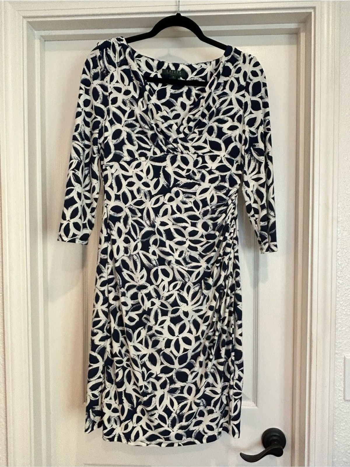 Ralph Lauren Navy & White 3/4 Sleeve Patterned Ruched Dress, V- neckline