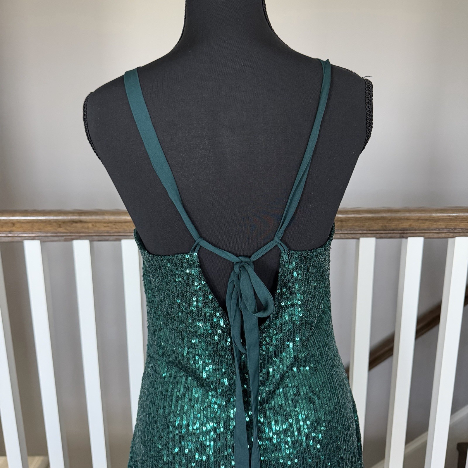 Free People Green Sequin Mini Dress Chemise Gown Bow Medium Whimsigoth Party