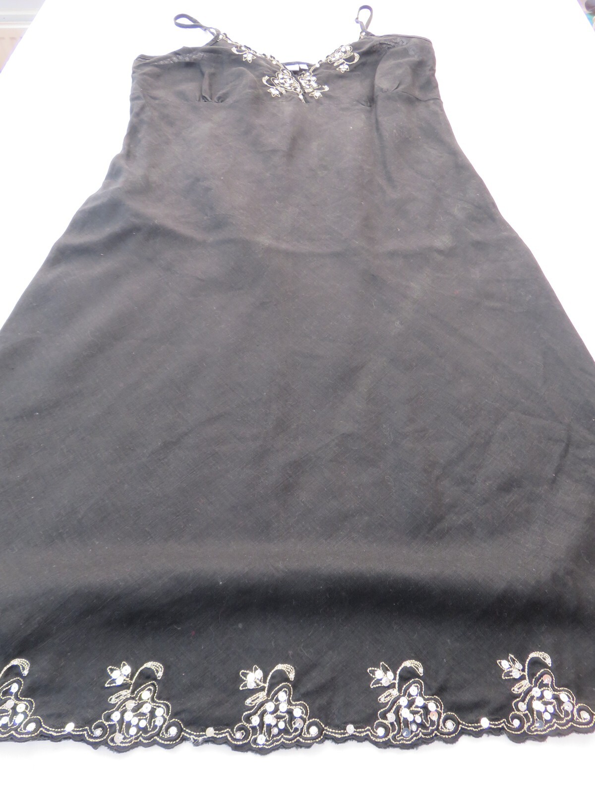 PAUL BERMAN CLASSIC BLACK 100% LINEN SLEEVELESS STRAPPY DRESS UK 16 SEQUINS