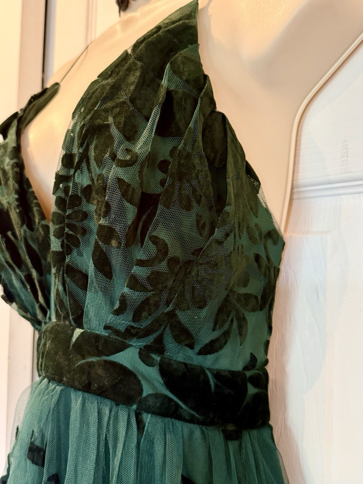 Windsor Forrest Fairy Green Velvet Floral Burnout Maxi Dress S Mesh Gown V Neck