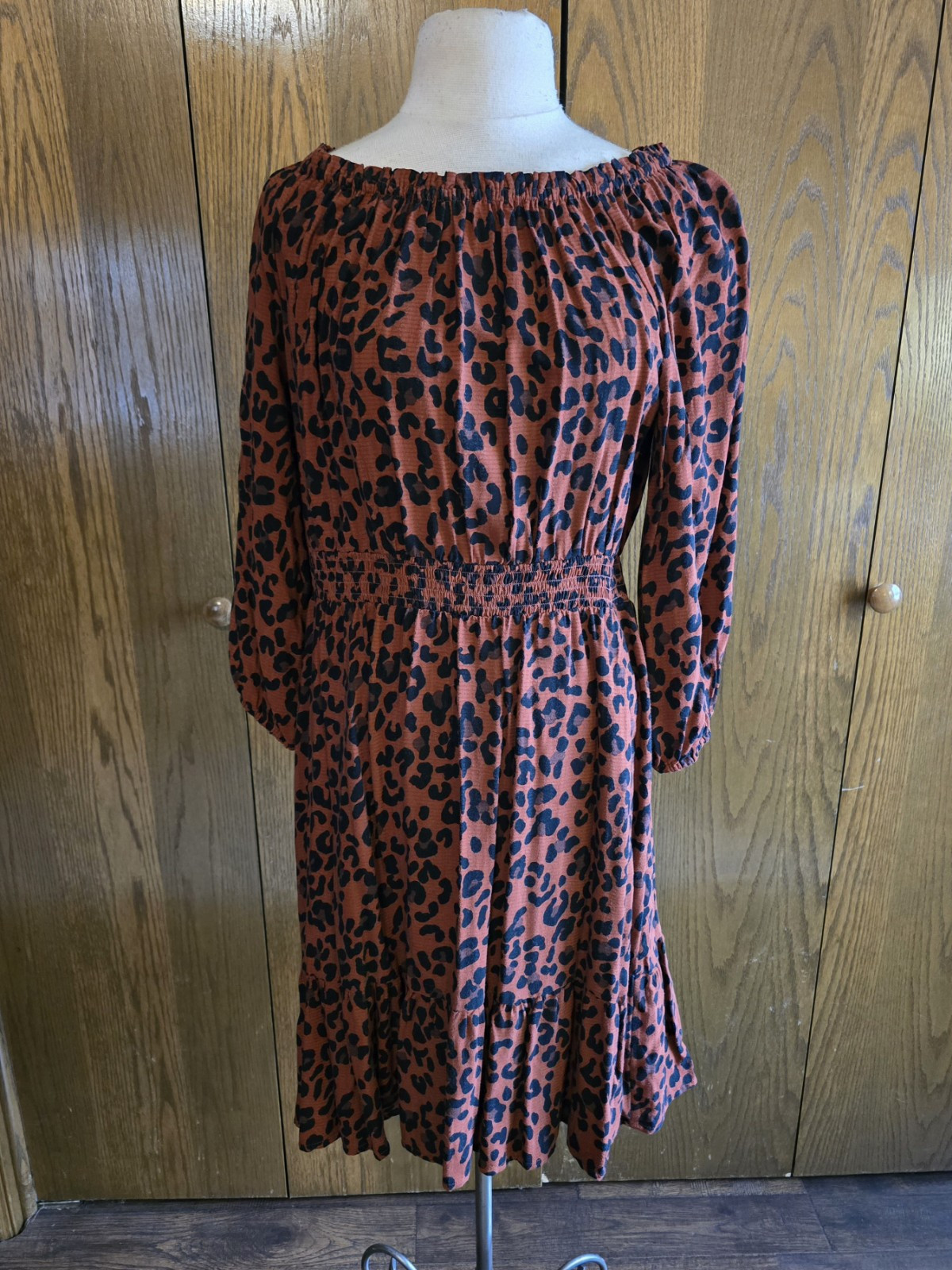 Knox Rose Rust Black Animal Print Fit And Flare Smock Waist Dress Women’s M NWOT