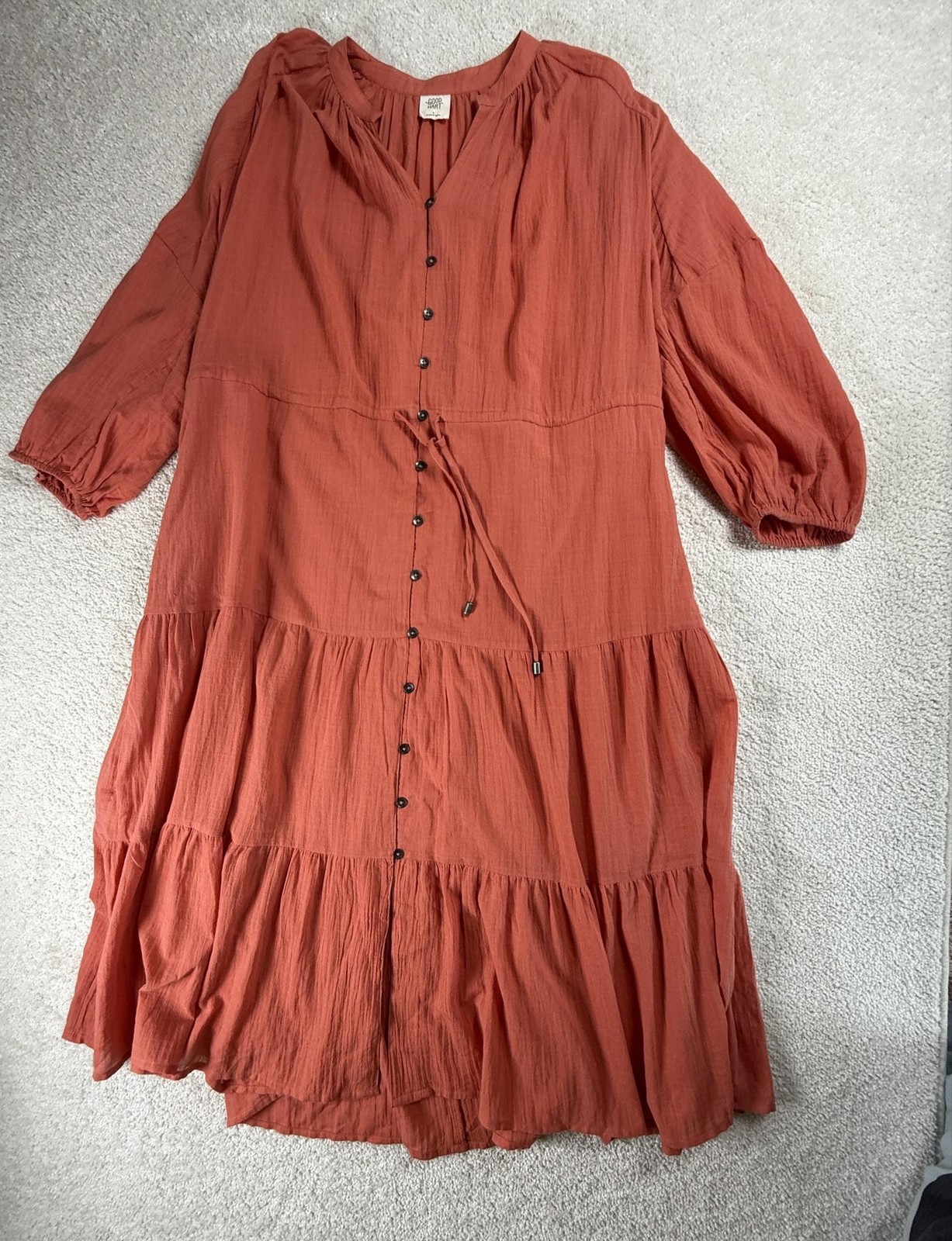 Good Hart Dress Womens L Orange Rayon Trapeze Swing V-Neck Buttoned Tiered