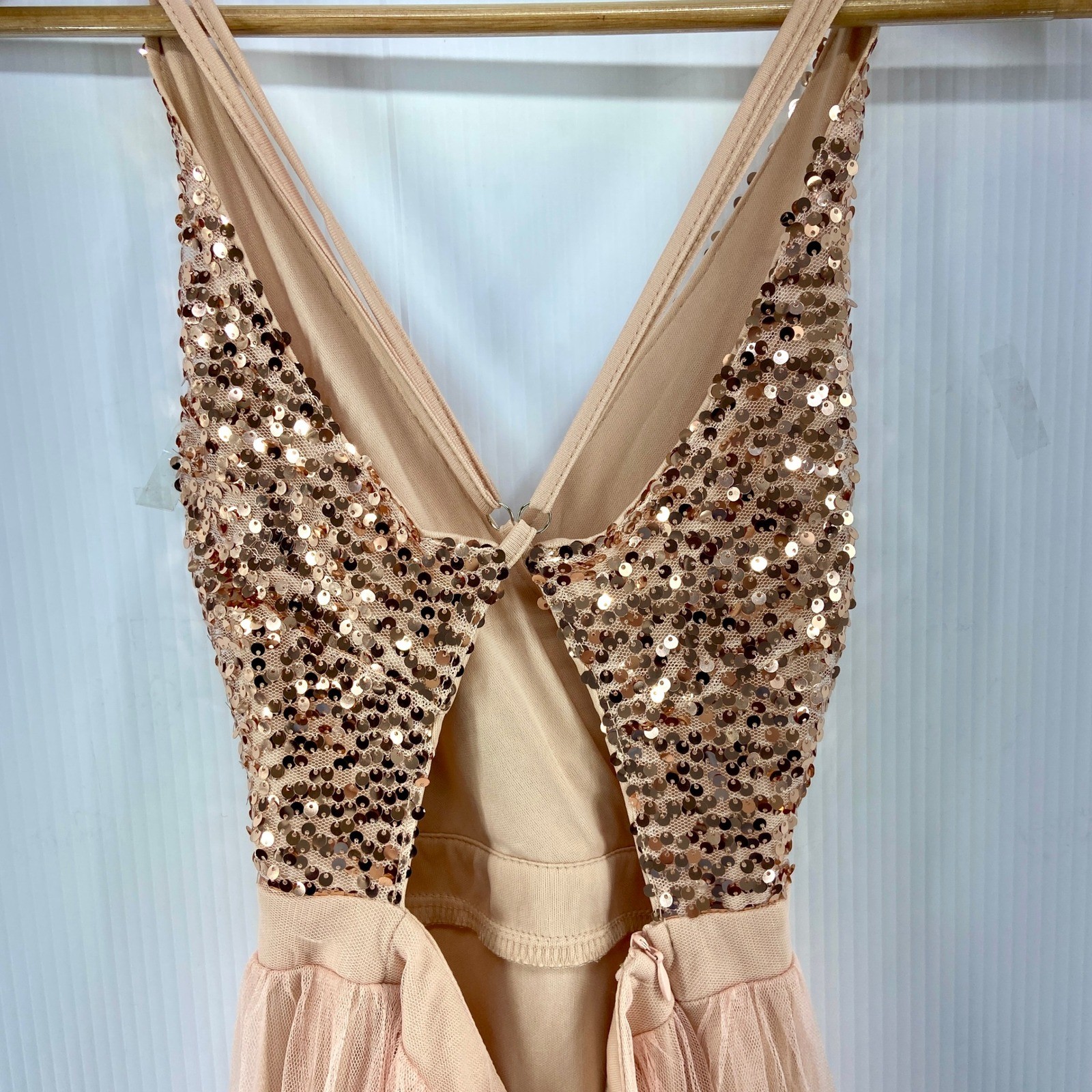 Cupshe Peach Pink Rose Gold Sequined Tulle Evening Dress Gown Womens Large NWT