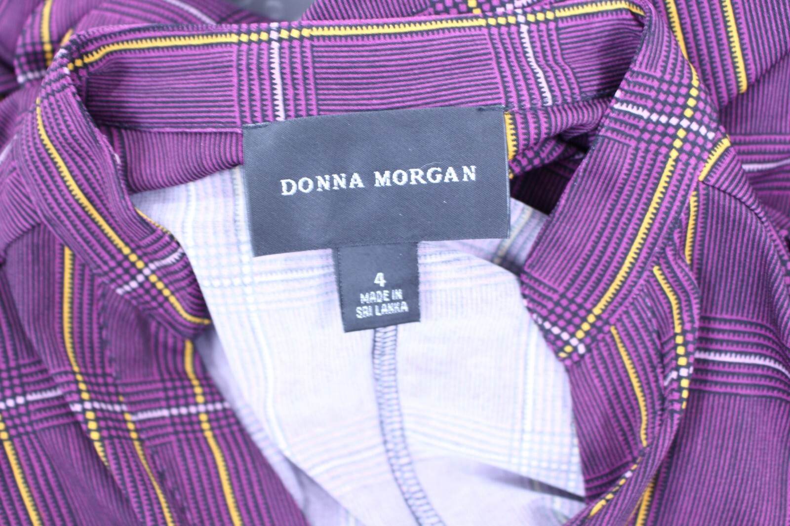 Donna Morgan Dress Purple Yellow Plaid Chest Pockets Waist Tie Buttons Sz 4
