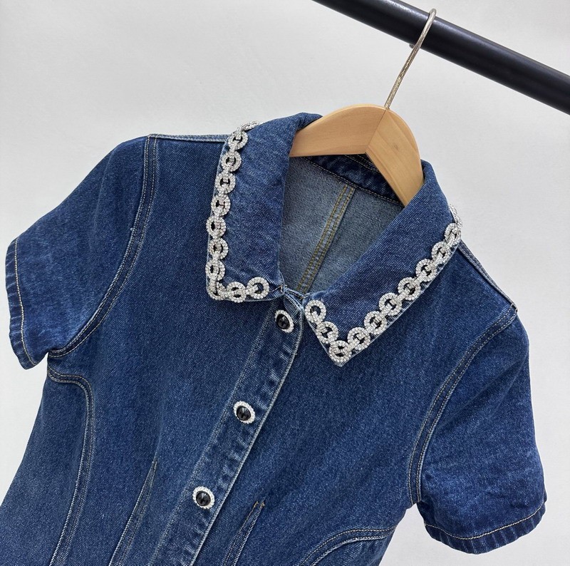 Self-Portrait Flip collar Diamond setting Single-row buckle Denim Dresses