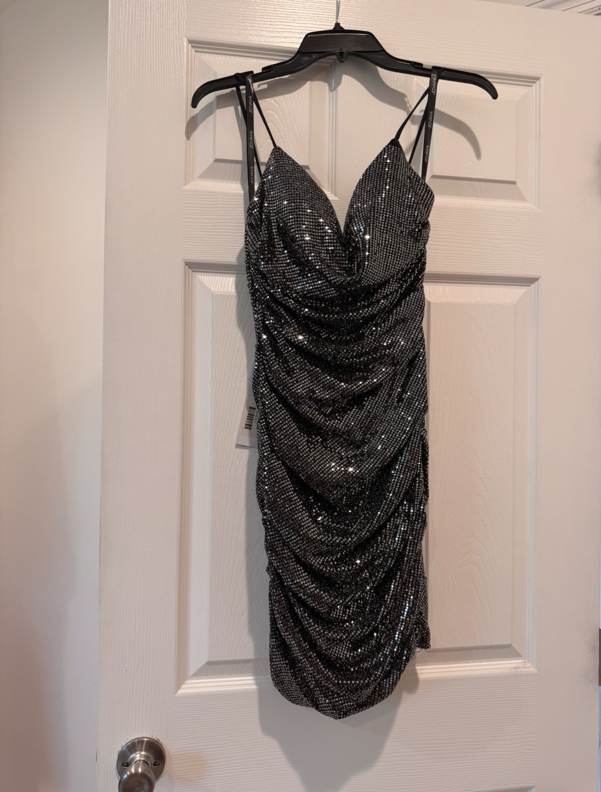 NWT Jovani Size 0 Dark Gray Sequin V-Neck Strappy Ruched Mini Bodycon Dress