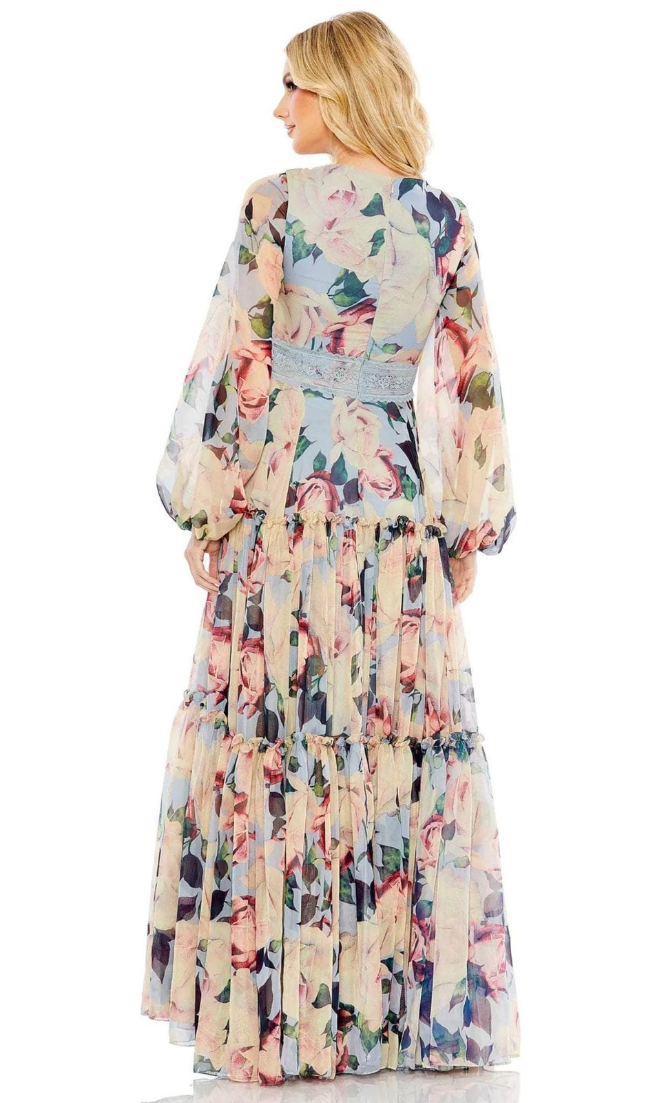 Mac Duggal Blue Multi Floral Long Sleeve Embroidered Chiffon Gown Size 14 $698