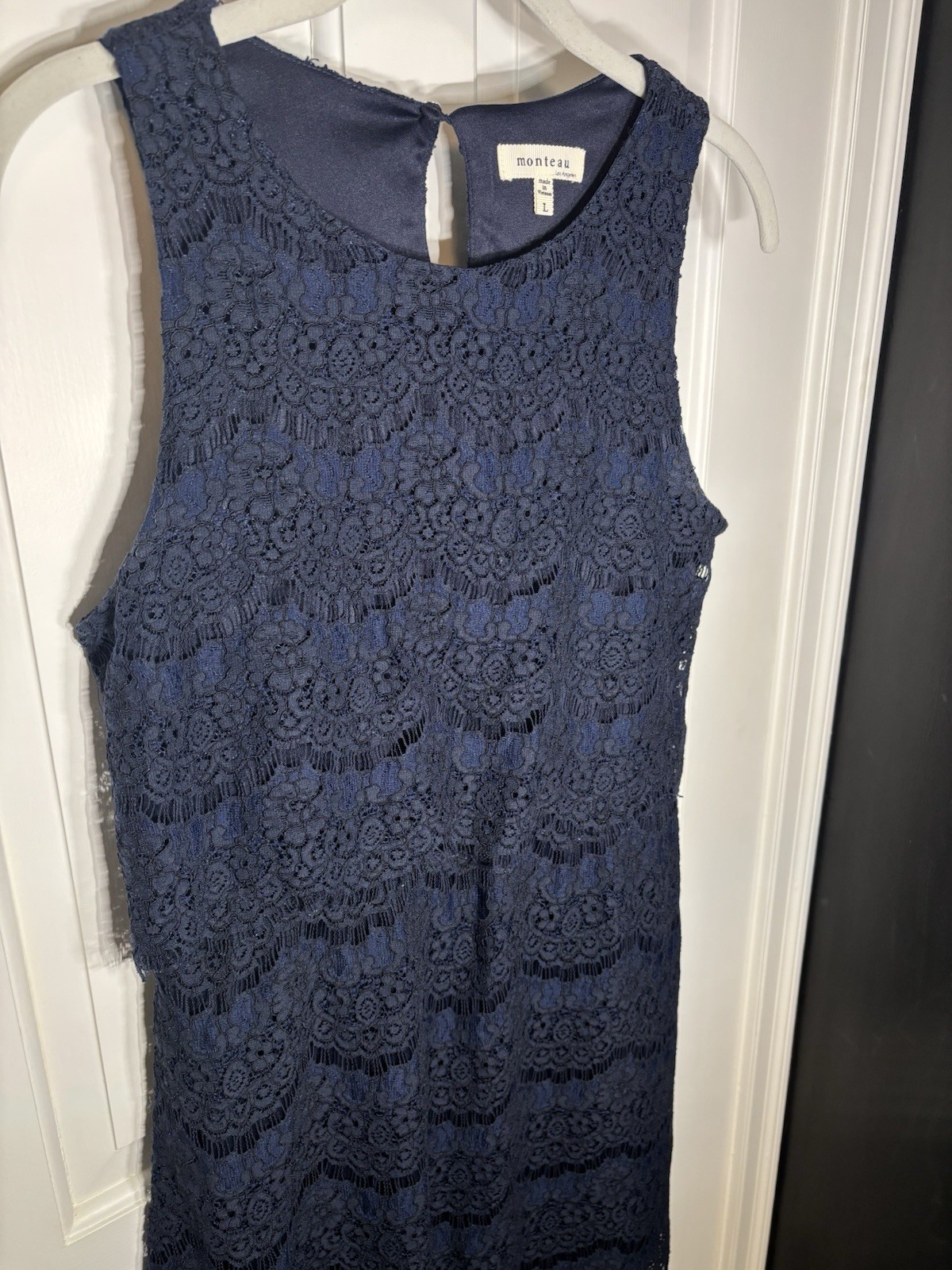 NWOT Large Monteau Navy Blue Lace Shift Overlay Dress Scalloped Floral