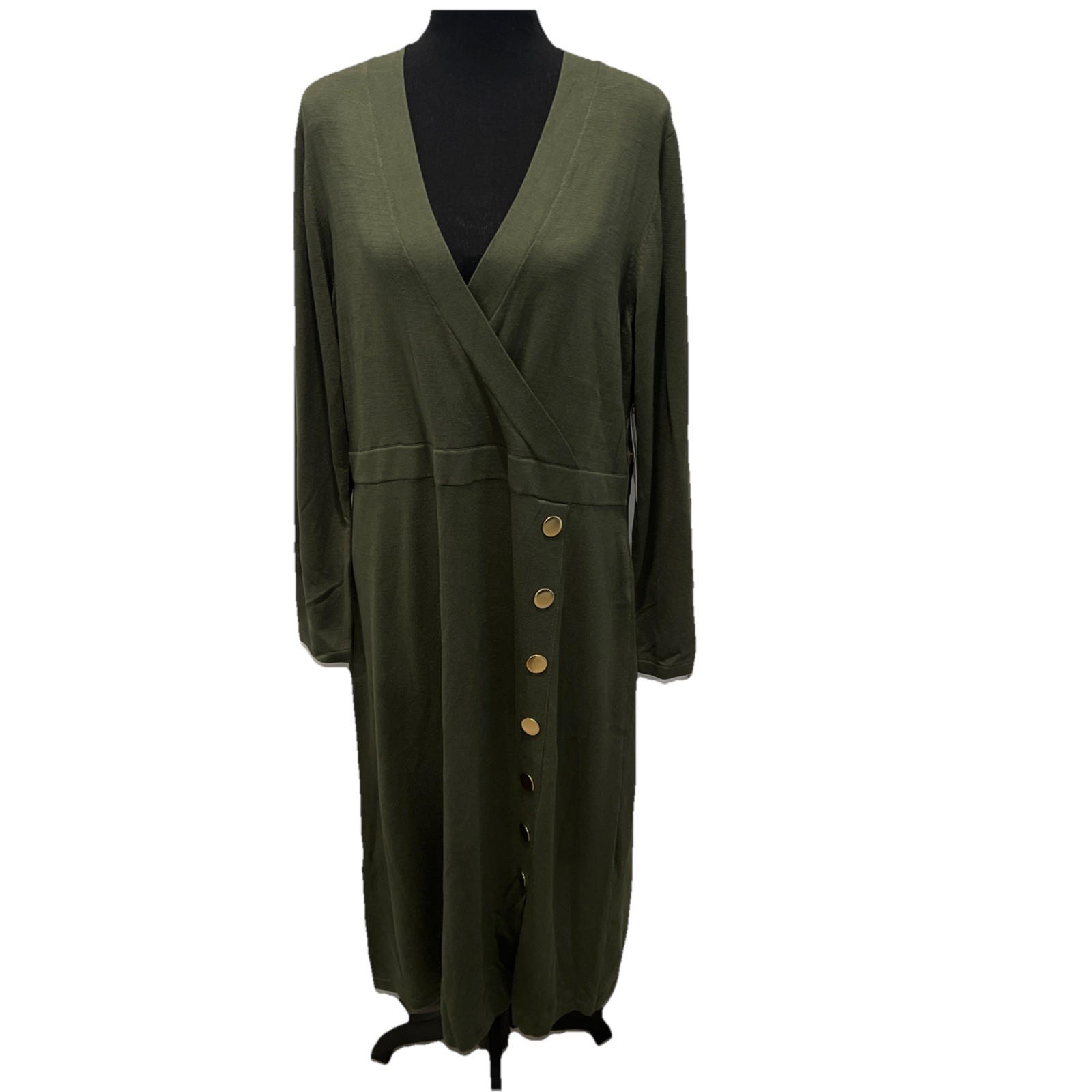 MAIA Womens 1X Olive Green Midi Dress Gold Buttons Long Sleeve NWT