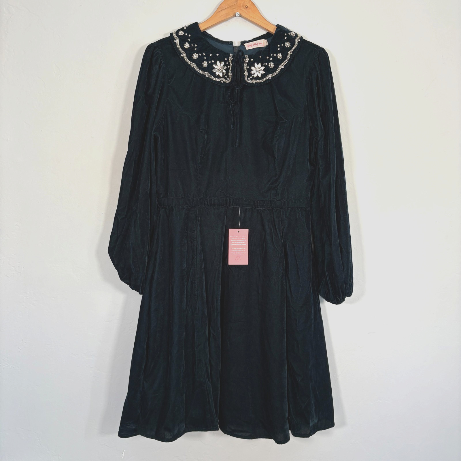 Ivy City Co Elise Dress Women Size 12 Teal Green Velvet Beaded Collar New