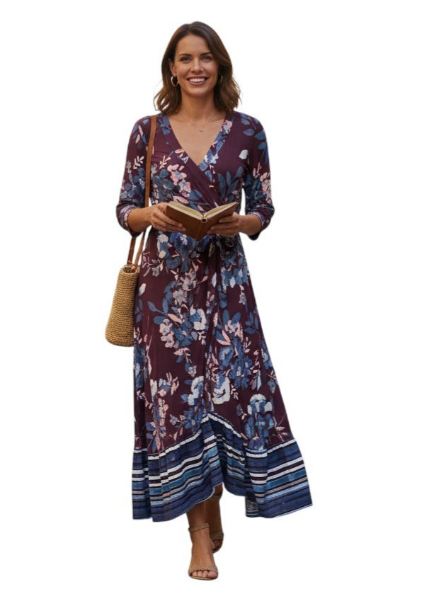 Du Jour Floral Printed Faux Wrap Knit Maxi Dress 1X Petite A342307