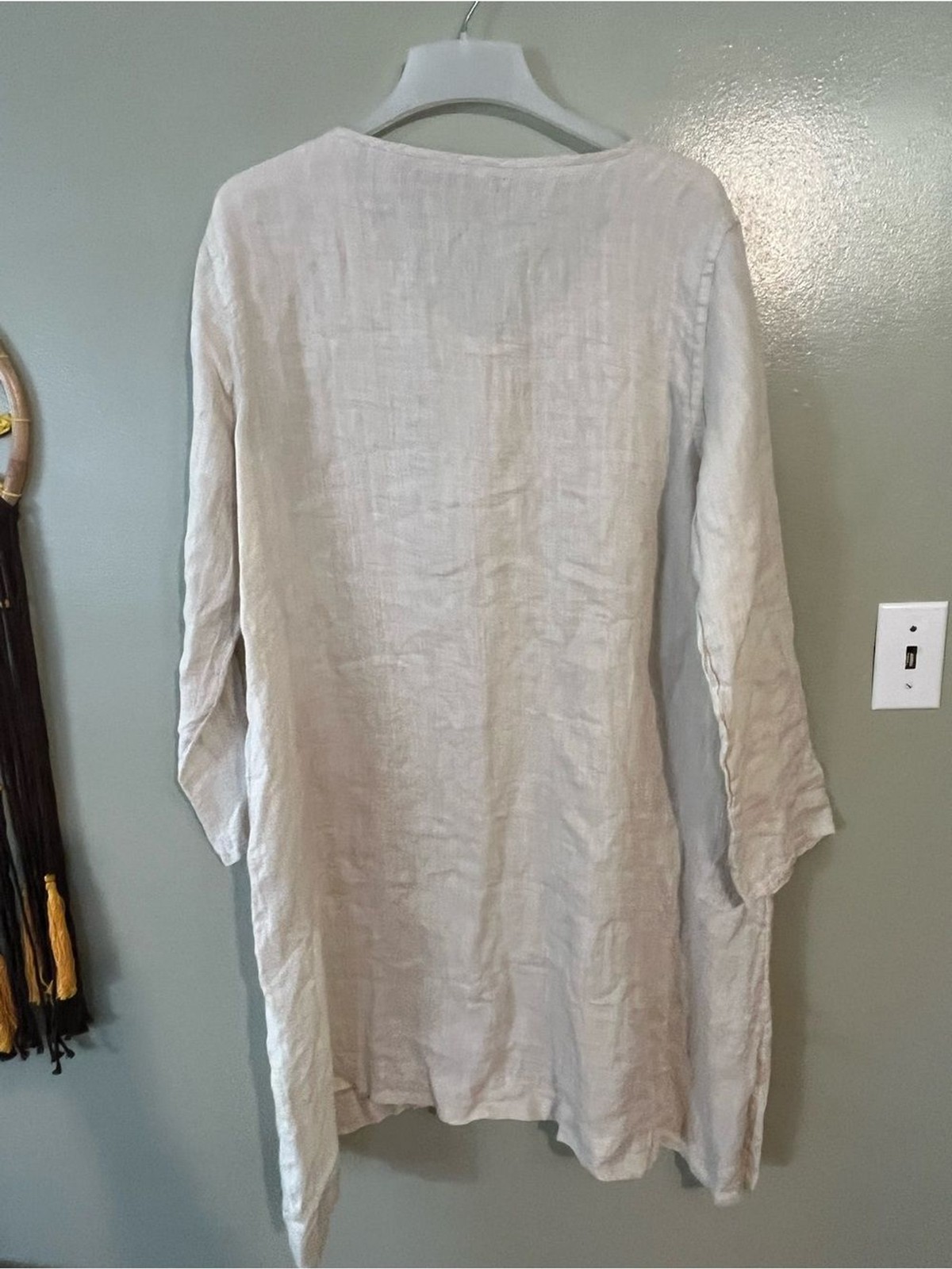 Flax Linen Button-Front Long Roll Top Sleeves Dress Coastal Beige Oversized M